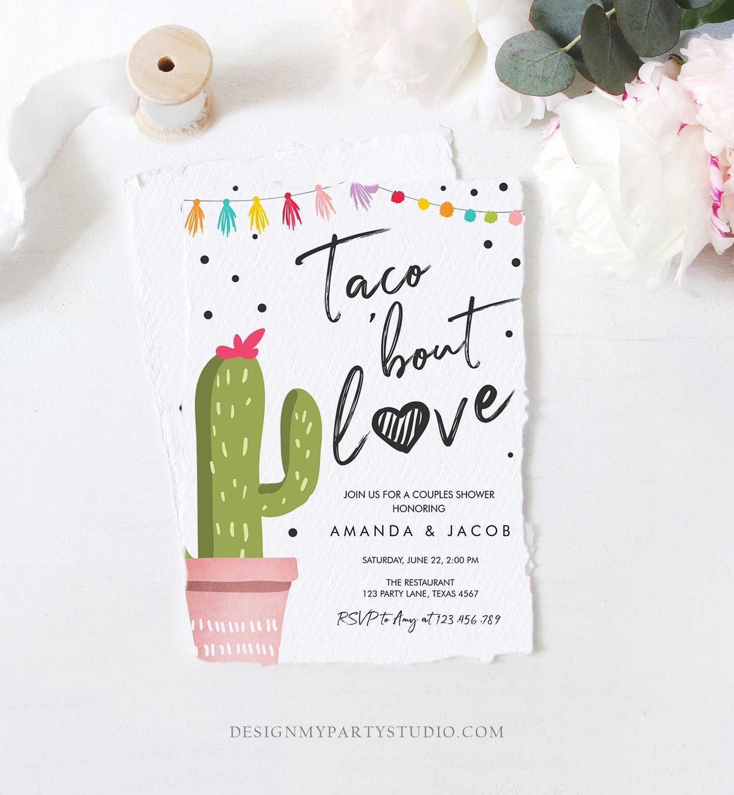 Editable Taco Bout Love Fiesta Couples Shower Invitation Cactus Succulent Green Pink Confetti Digital Download Evite Template Printable 0254