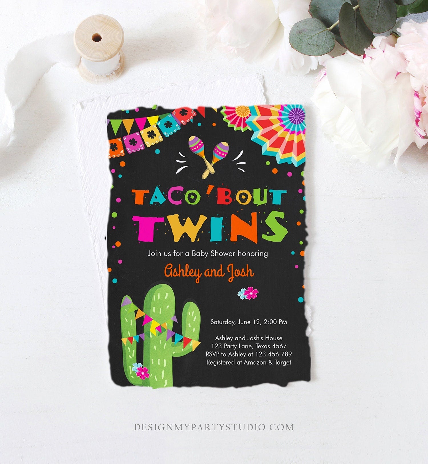 Editable Taco Bout Twins Baby Shower Invitation Cactus Chalk Mexican Fiesta Couples Shower Instant Download Printable Corjl Template 0045