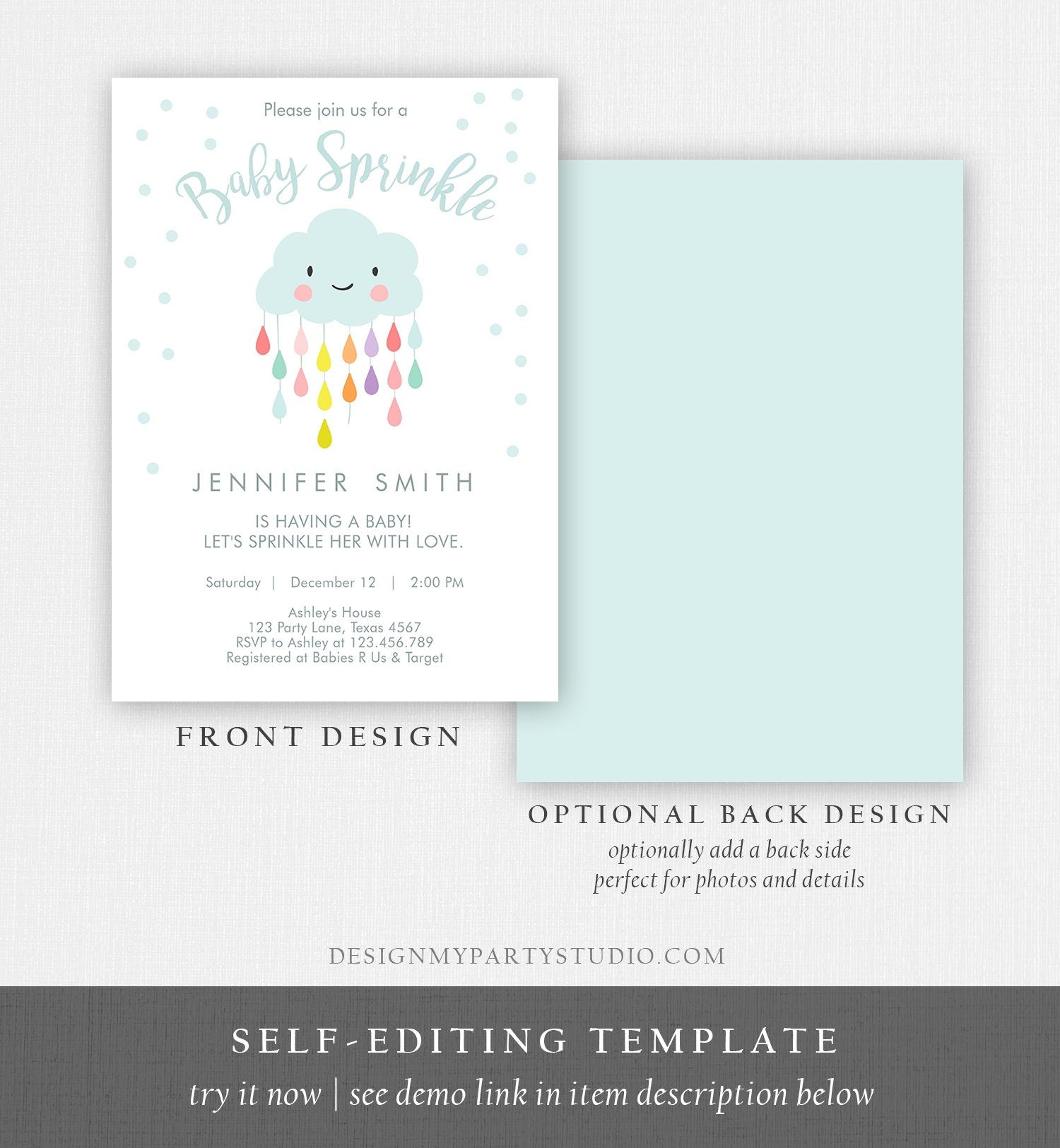 Editable Cloud Baby Sprinkle Invitation Raindrop Sprinkle with Love Rain Drops Neutral Digital Download Corjl Template Printable 0036