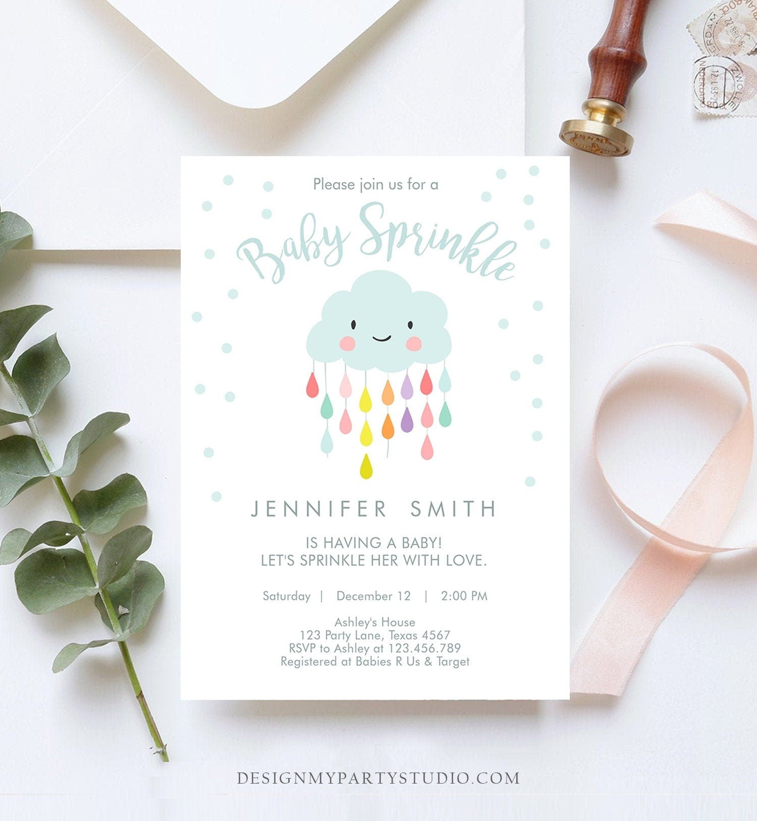 Editable Cloud Baby Sprinkle Invitation Raindrop Sprinkle with Love Rain Drops Neutral Digital Download Corjl Template Printable 0036