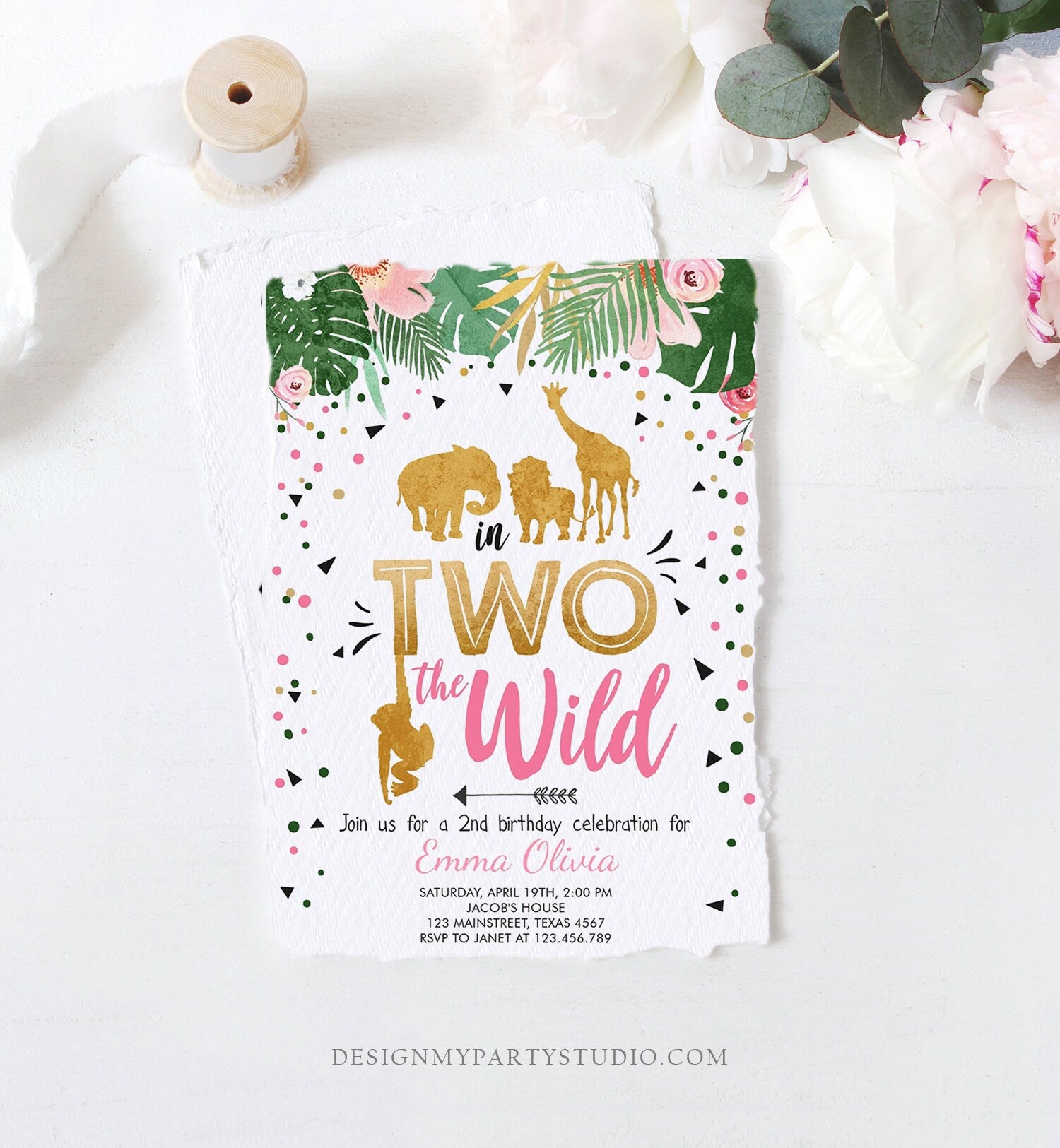 Editable In Two the Wild Birthday Invitation Girl Pink Gold Safari Animals Jungle Second Birthday 2nd Download Printable Corjl Template 0016