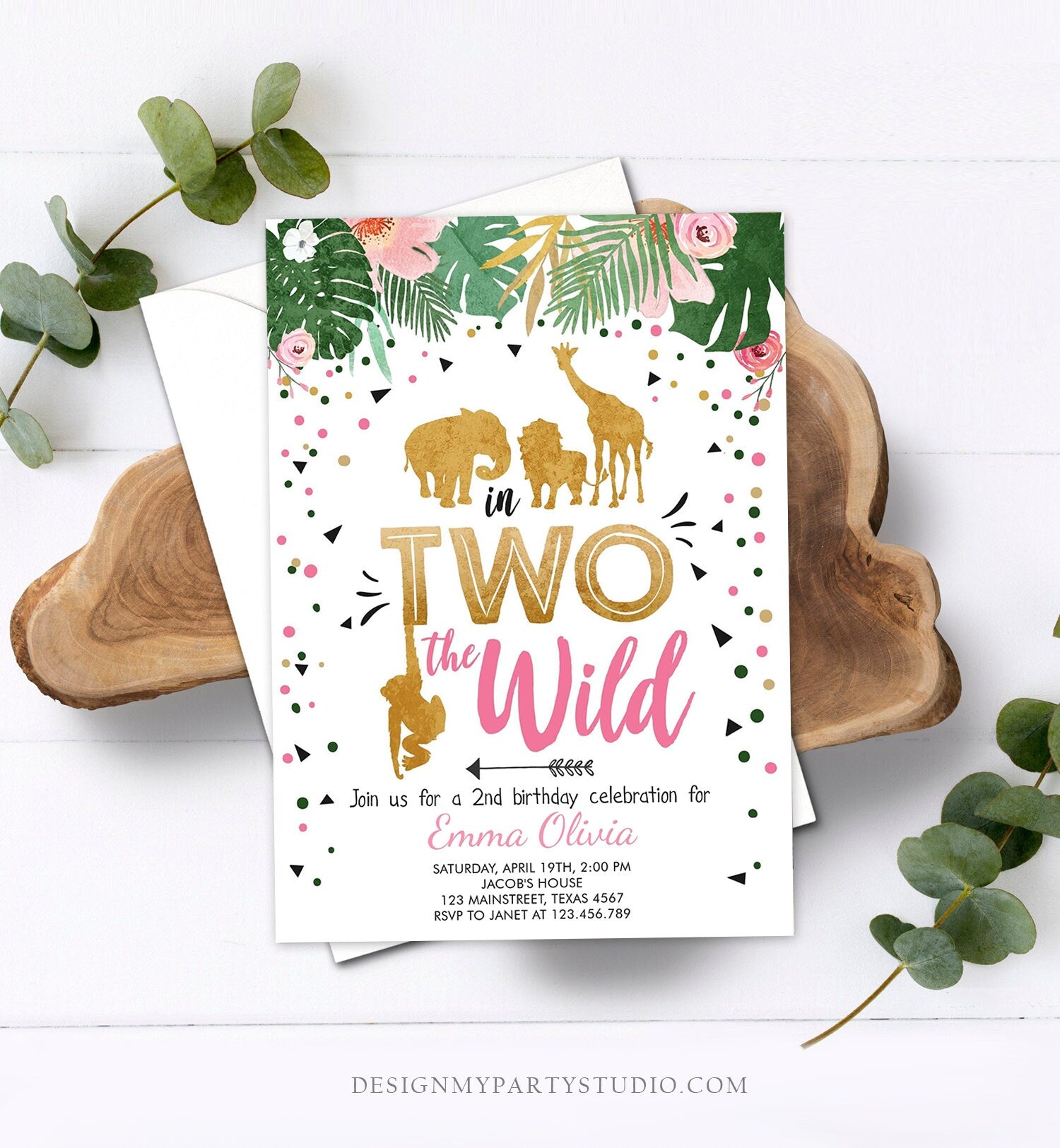 Editable In Two the Wild Birthday Invitation Girl Pink Gold Safari Animals Jungle Second Birthday 2nd Download Printable Corjl Template 0016