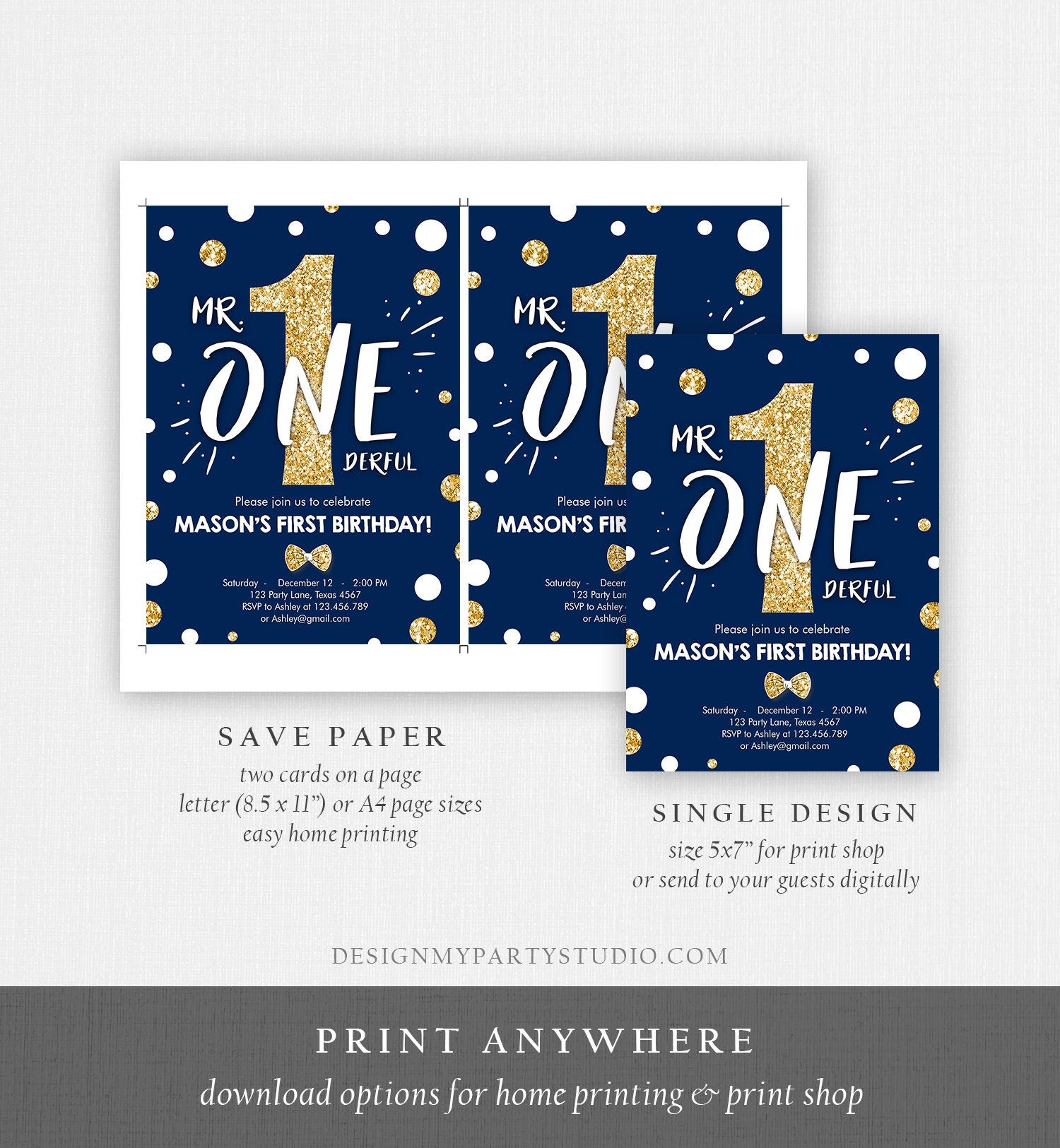 Editable Mr Onederful Birthday Invitation Gold Bow Tie Navy Blue Boy First Birthday Confetti 1st Download Corjl Template Printable 0072