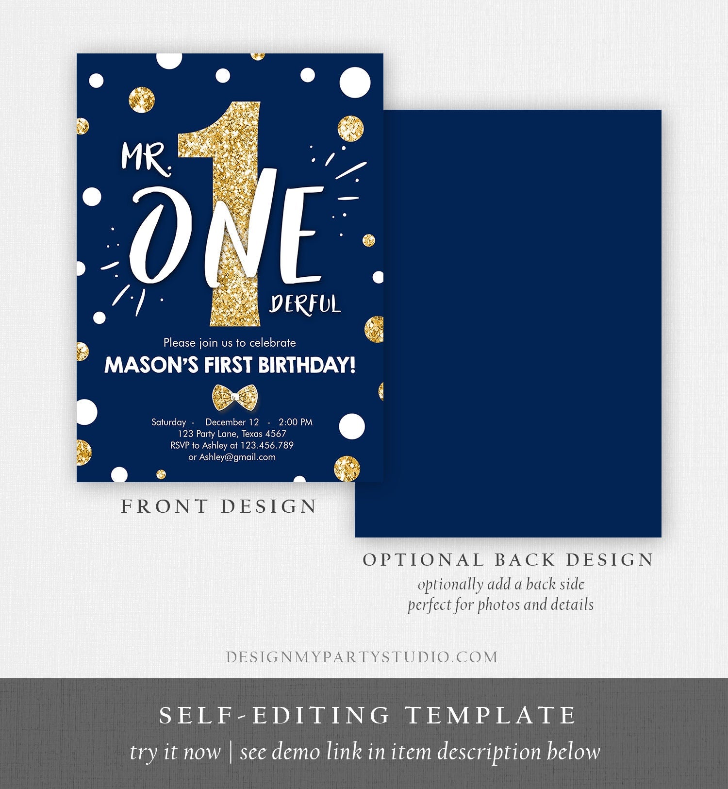 Editable Mr Onederful Birthday Invitation Gold Bow Tie Navy Blue Boy First Birthday Confetti 1st Download Corjl Template Printable 0072