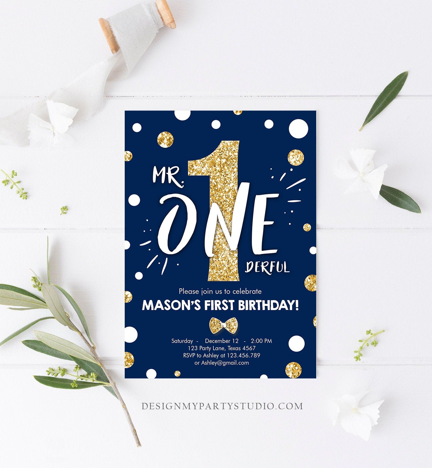 Editable Mr Onederful Birthday Invitation Gold Bow Tie Navy Blue Boy First Birthday Confetti 1st Download  Corjl Template Printable 0072