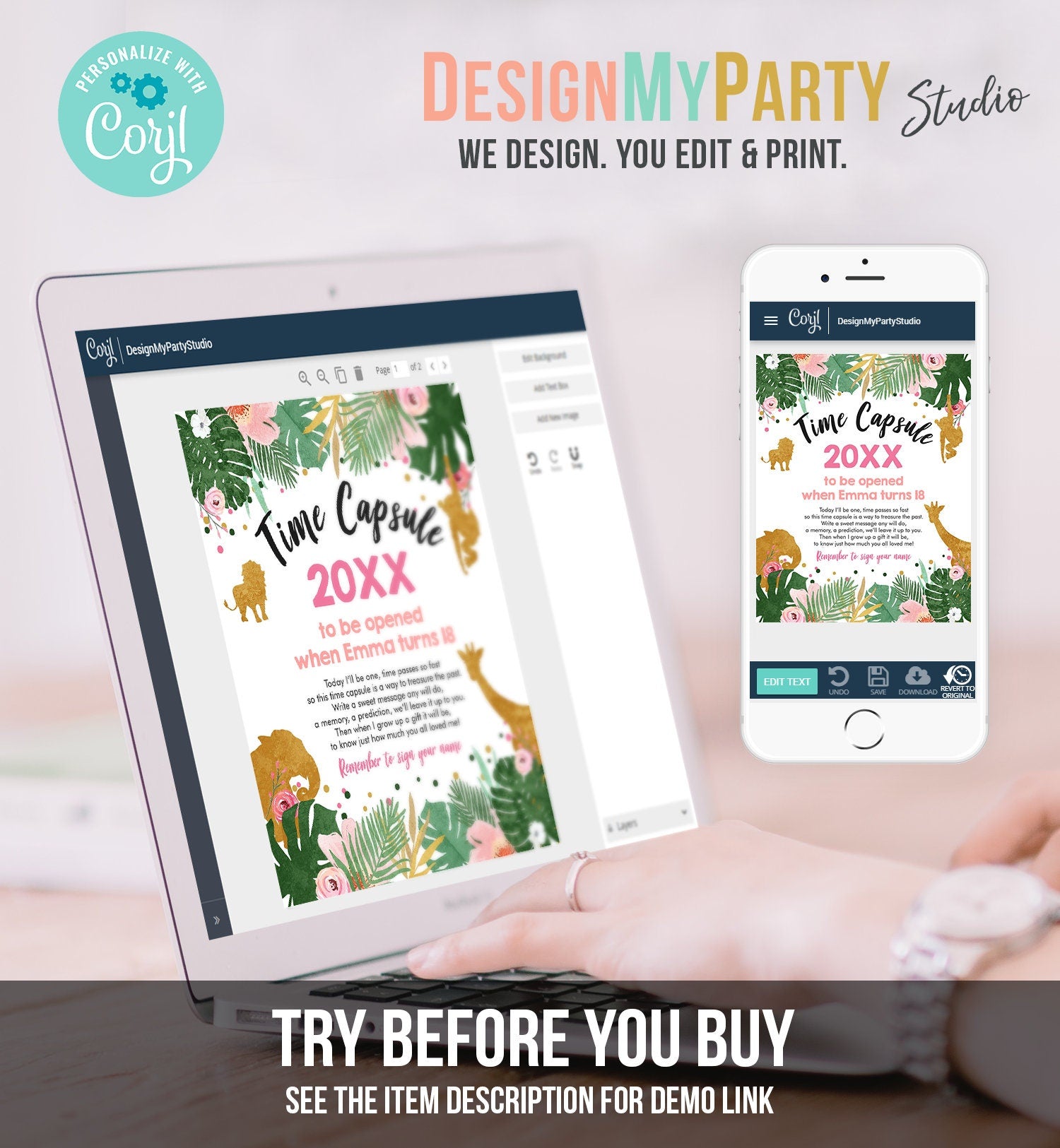 Editable Safari Animals Time Capsule Wild One First Birthday Party Pink Gold Black Zoo Jungle Download Digital Template Printable 0016