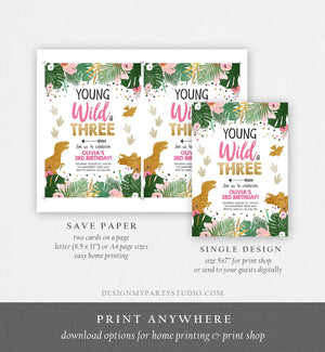 Editable Young Wild and Three Dinosaur Birthday Invitation Dinosaur Party Girl Pink Gold Third Birthday 3rd Corjl Template Digital 0146