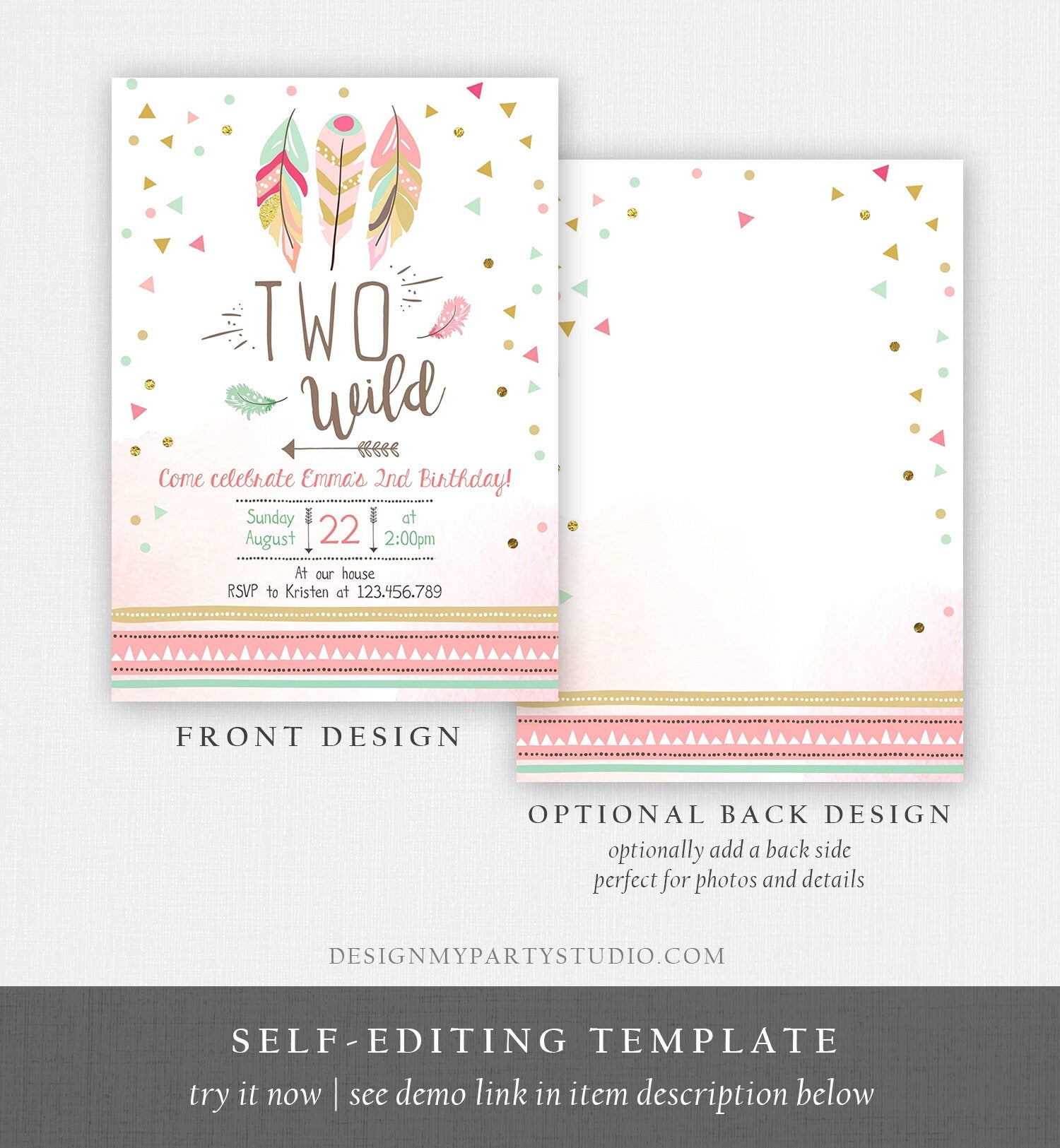 Editable Two Wild Birthday Invitation Feathers Tribal Girl Pink Boho Arrow Coral Mint Instant Download Printable Corjl Template Digital 0073