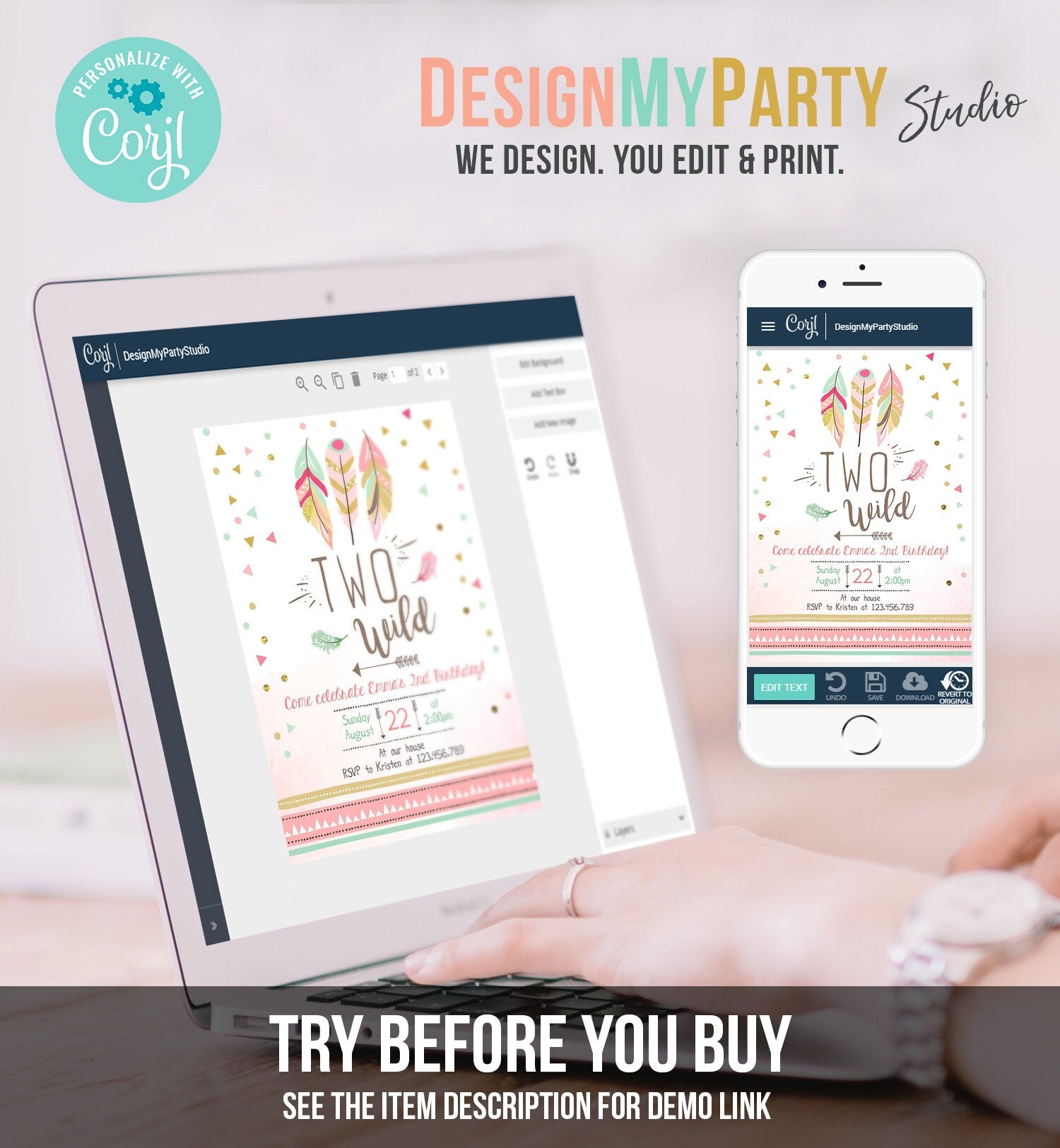 Editable Two Wild Birthday Invitation Feathers Tribal Girl Pink Boho Arrow Coral Mint Instant Download Printable Corjl Template Digital 0073