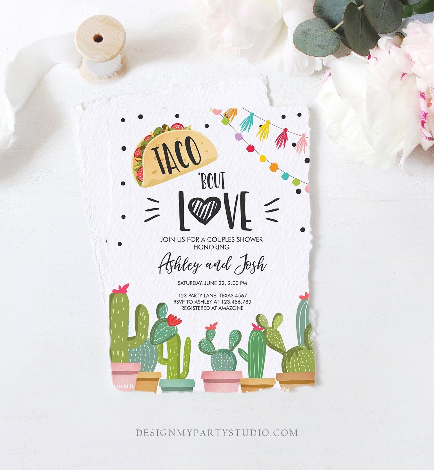 Editable Taco Bout Love Fiesta Couples Shower Invitation Cactus Succulent Green Pink Download Printable Corjl Template 0254