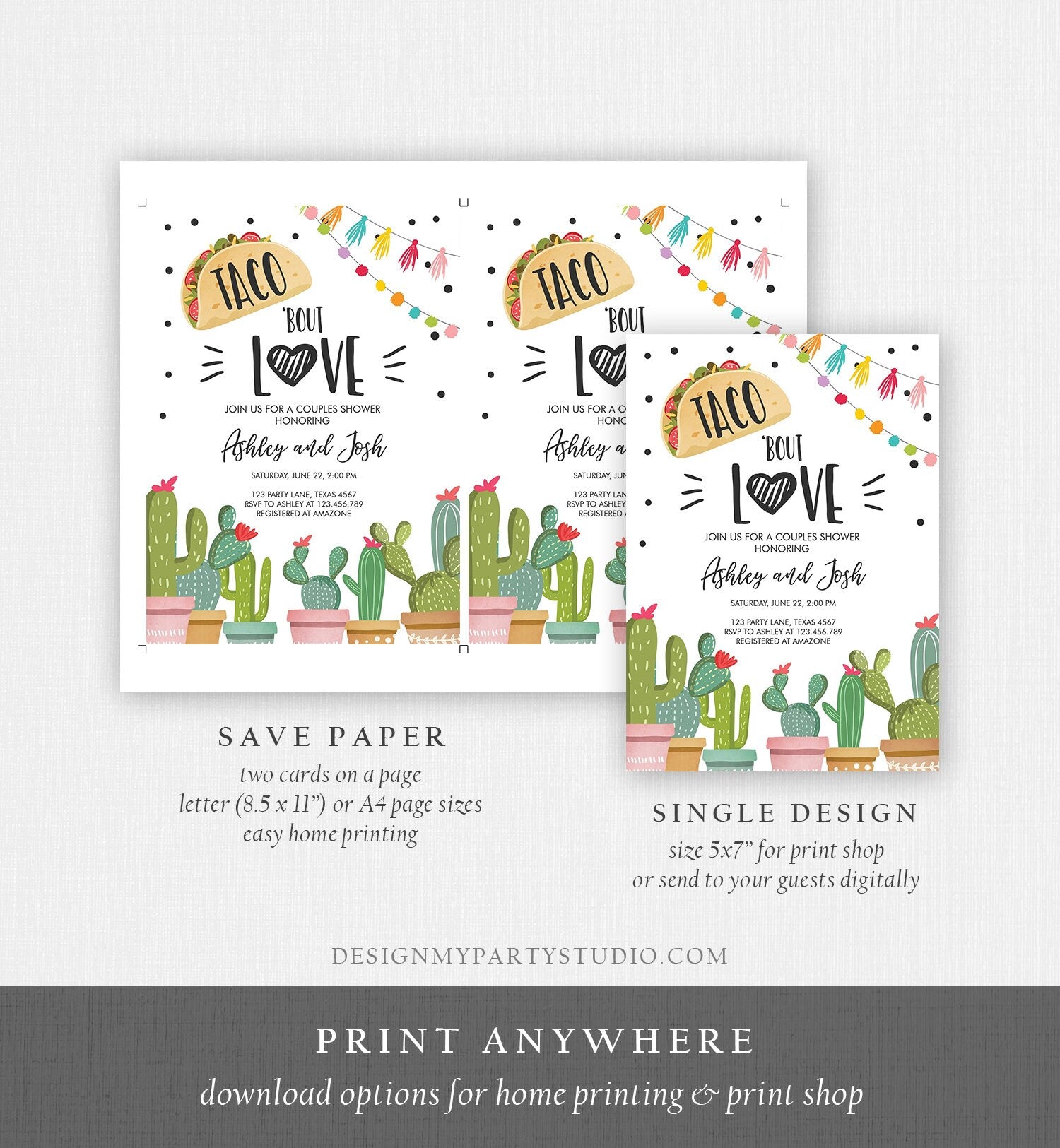 Editable Taco Bout Love Fiesta Couples Shower Invitation Cactus Succulent Green Pink Download Printable Corjl Template 0254