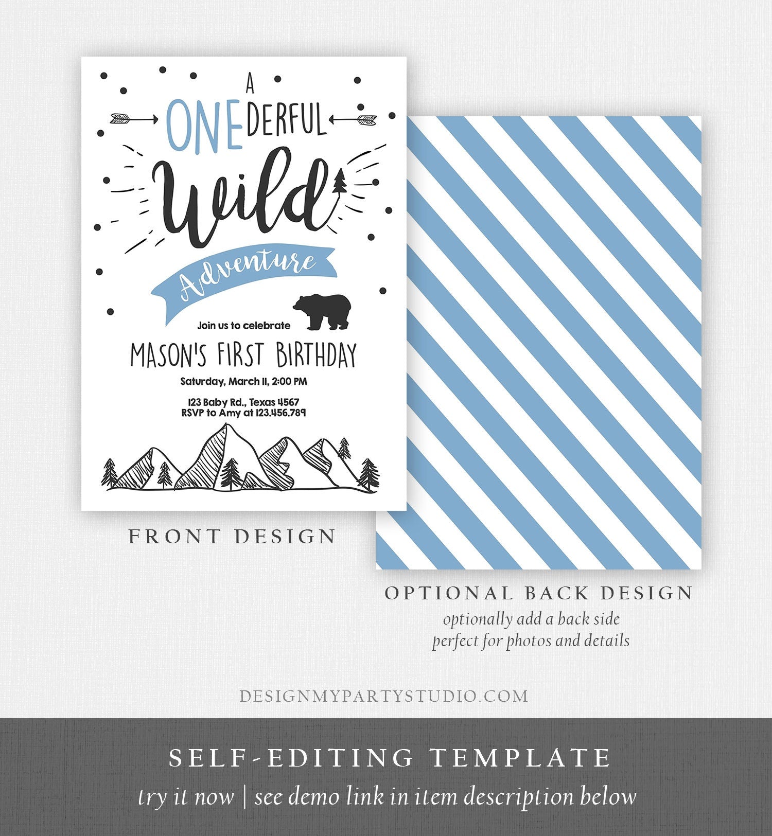 Editable A Onederful Wild Adventure First Birthday Invitation Wild Things Boy Mountains Bear Outdoor Download Evite Template Printable 0083