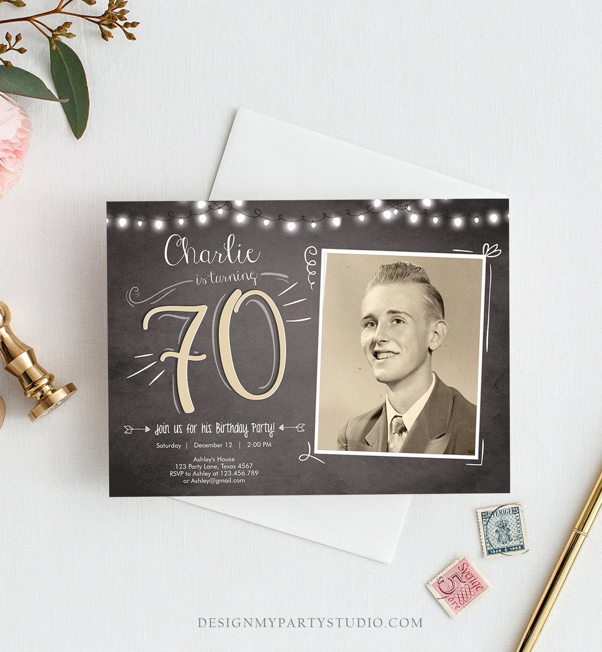 Editable 70th Birthday Invitation Chalkboard Rustic Adult Surprise Birthday Party Seventy Photo Download Evite Template Printable 0230