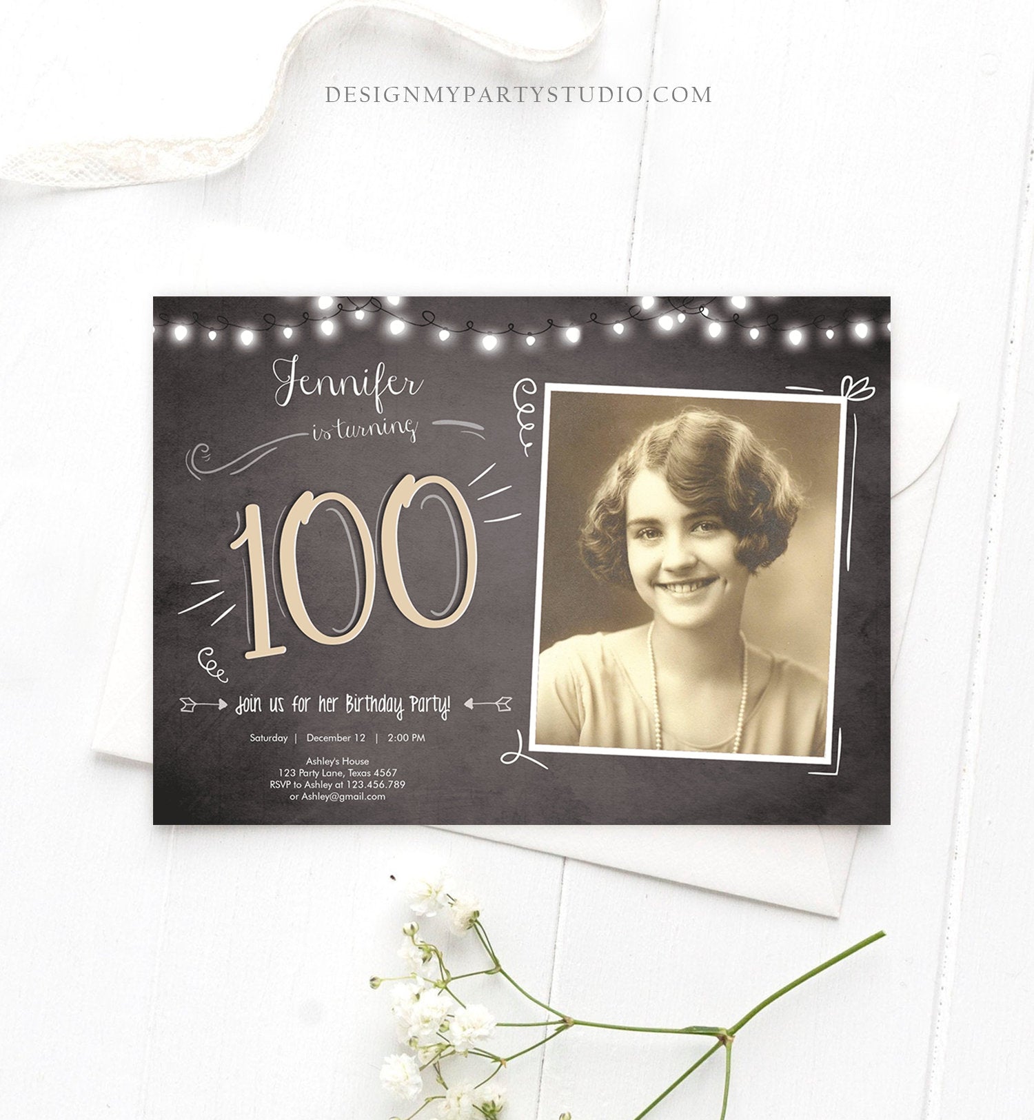 Editable 100th Birthday Invitation Chalkboard Rustic Adult Birthday Invitation Hundred Download Printable Invitation Template Corjl 0230