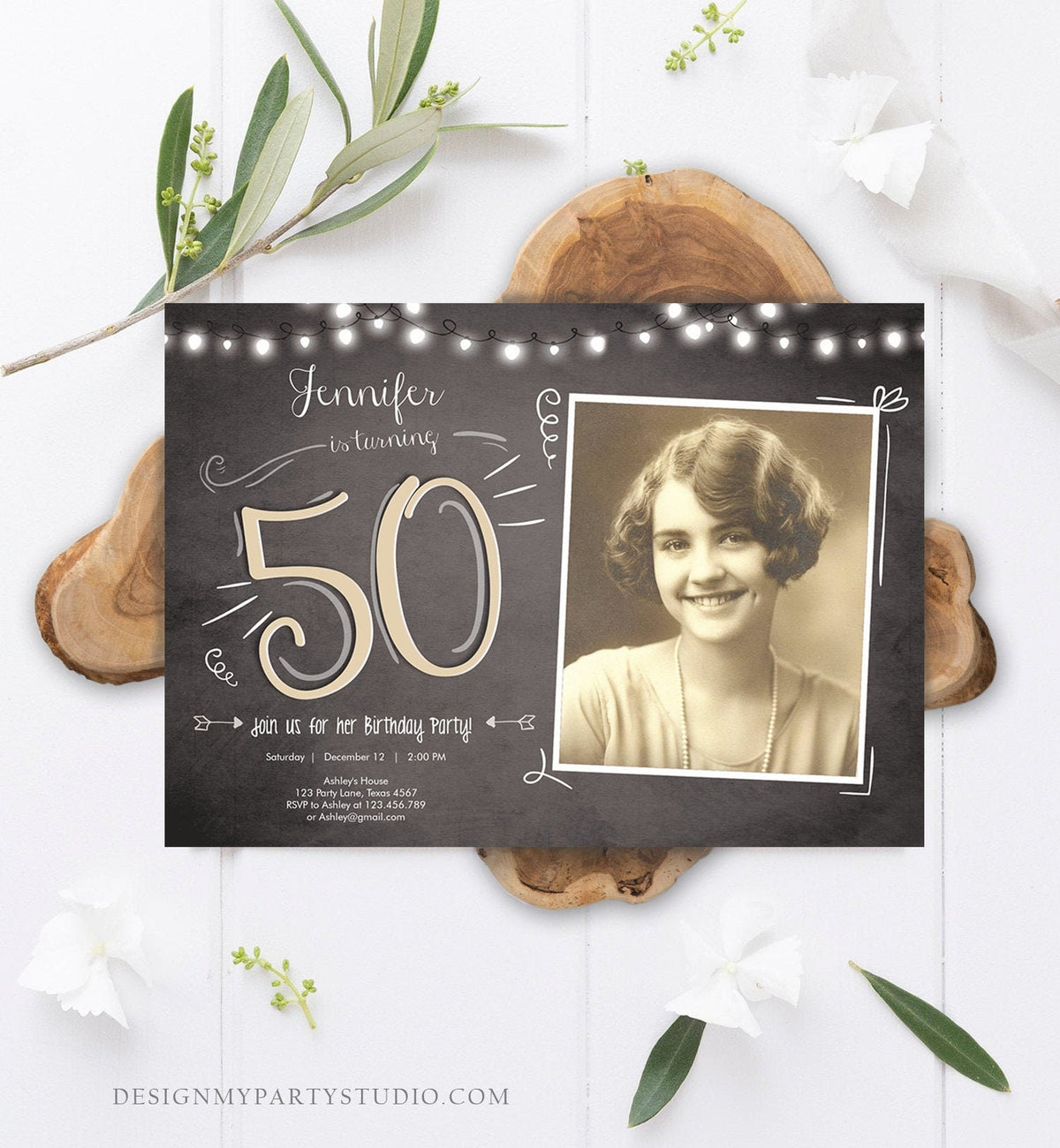 Editable 50th Birthday Invitation Vintage Chalk Rustic Adult Birthday Invitation Fifty Download Printable Invitation Template Corjl 0230