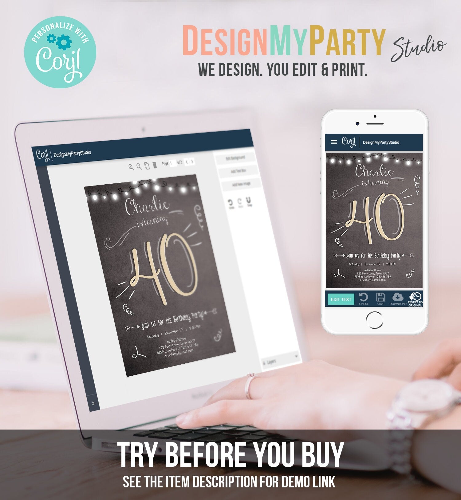 Editable 40th Birthday Invitation Chalkboard Rustic Adult Birthday Invitation Forty Download Printable Invitation Template Corjl 0230