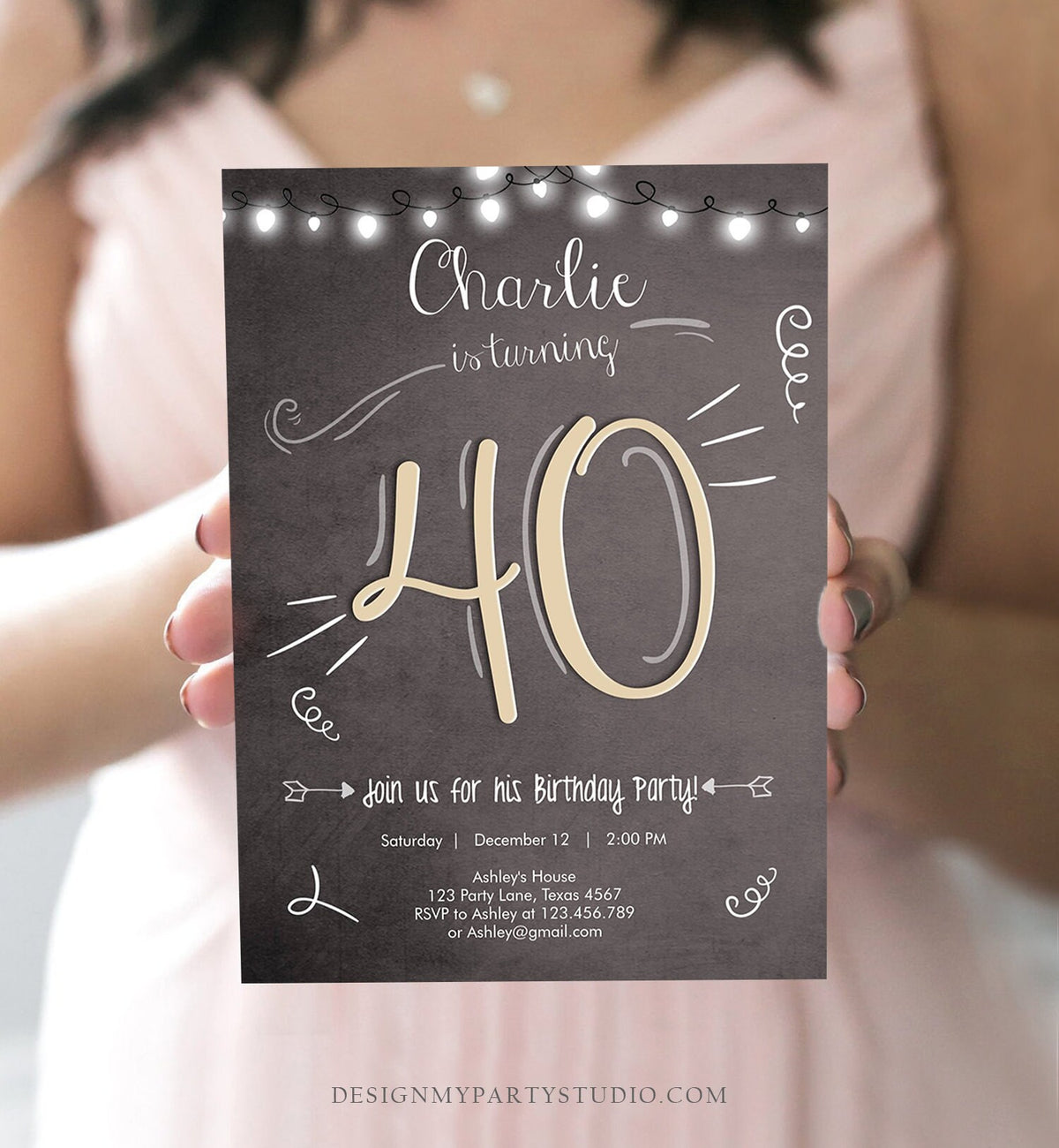 Editable 40th Birthday Invitation Chalkboard Rustic Adult Birthday Invitation Forty Download Printable Invitation Template Corjl 0230