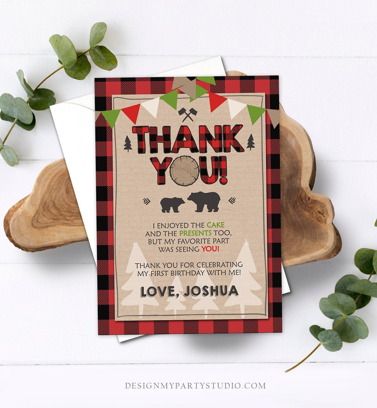 Editable Lumberjack Thank You Card Birthday Rustic Woodland Birthday Bear Forest Buffalo Plaid Winter Download Printable Template Corjl 0026