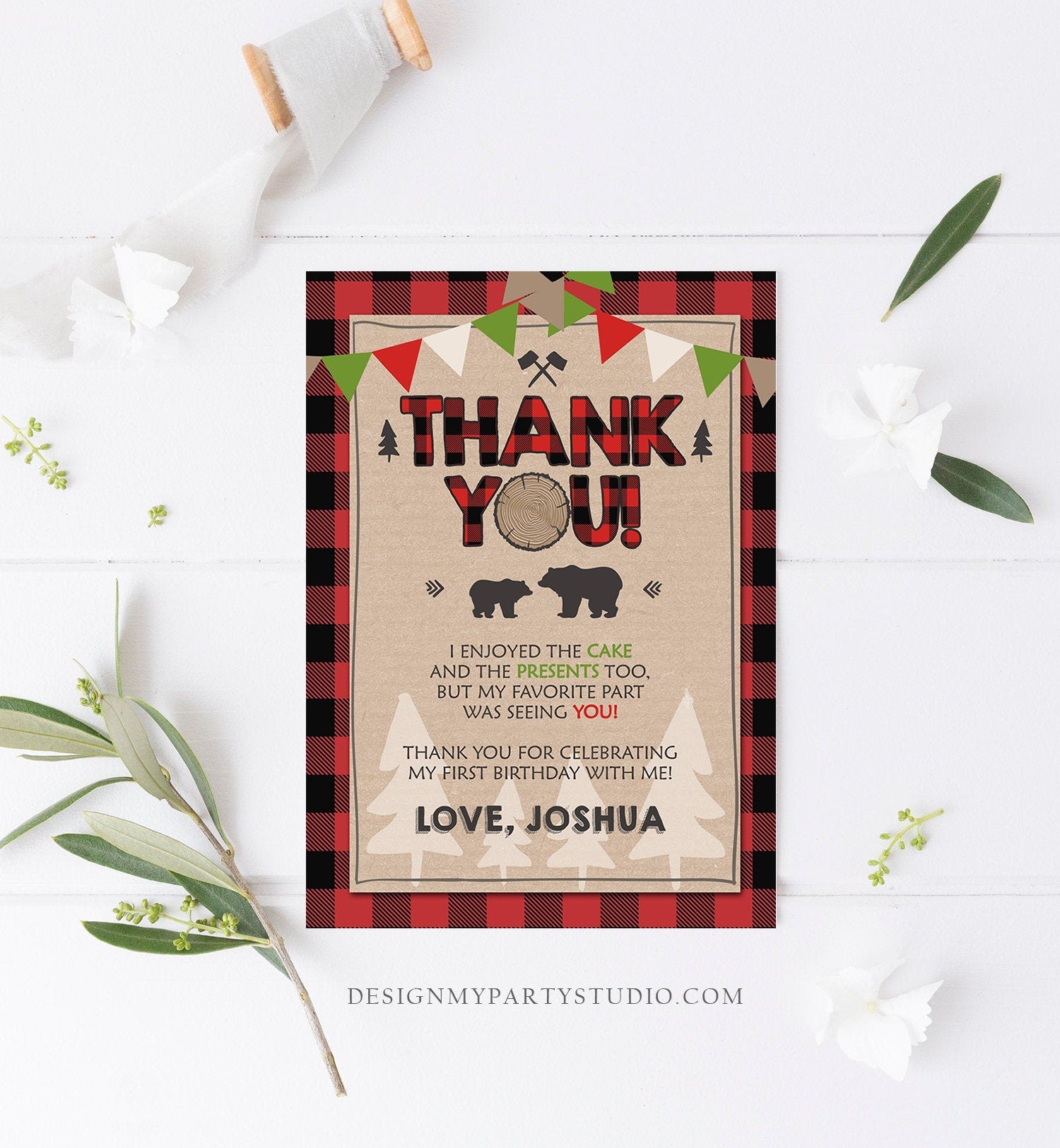 Editable Lumberjack Thank You Card Birthday Rustic Woodland Birthday Bear Forest Buffalo Plaid Winter Download Printable Template Corjl 0026