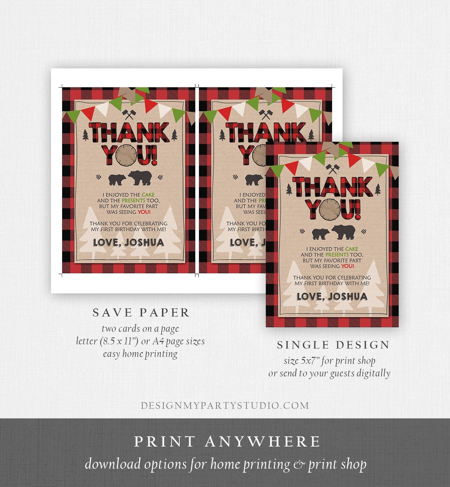 Editable Lumberjack Thank You Card Birthday Rustic Woodland Birthday Bear Forest Buffalo Plaid Winter Download Printable Template Corjl 0026