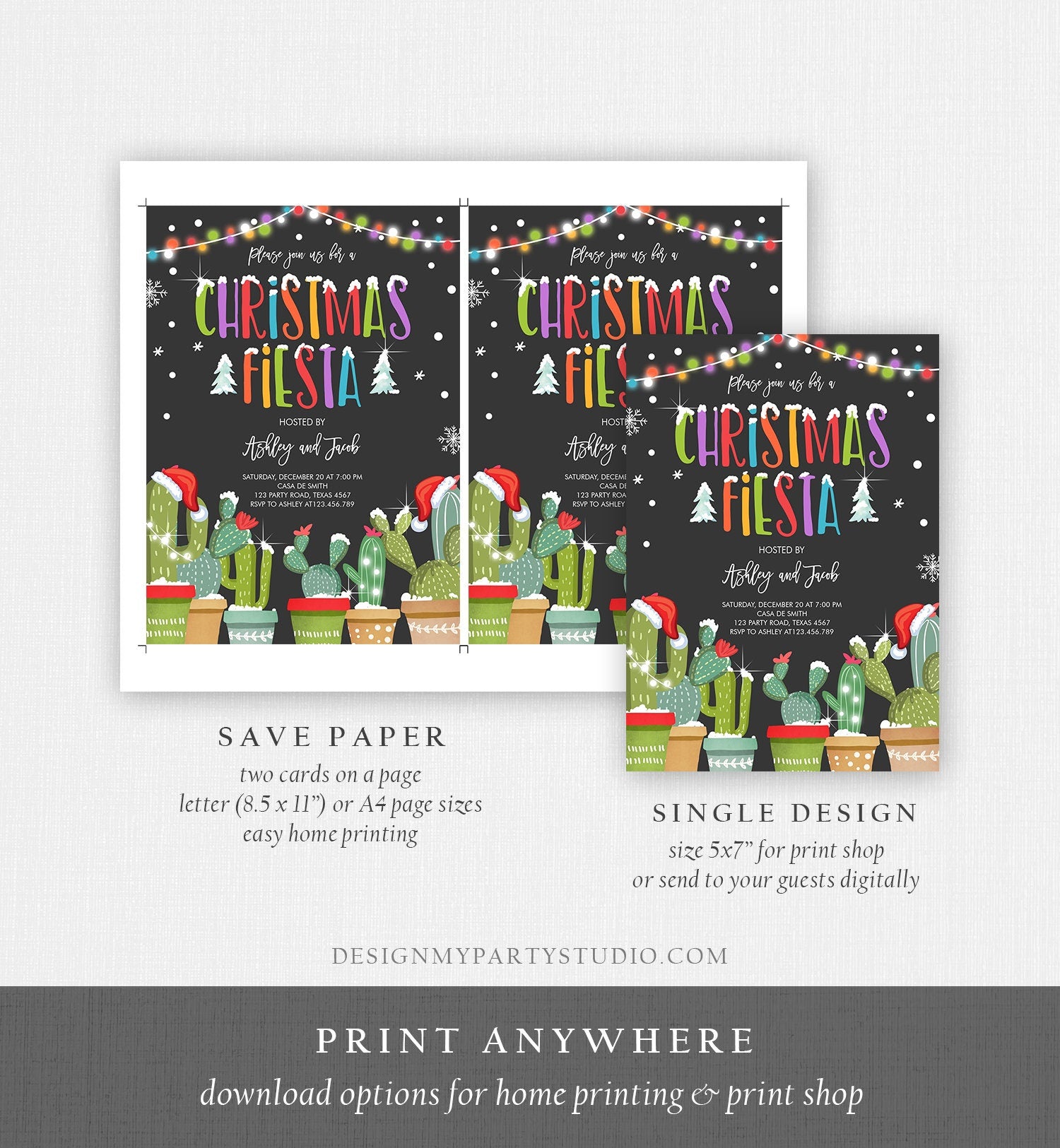 Editable Christmas Fiesta Invitation Cactus Mexican Holiday Fiesta Invite Christmas Party Mexican Download Corjl Template Printable 0273