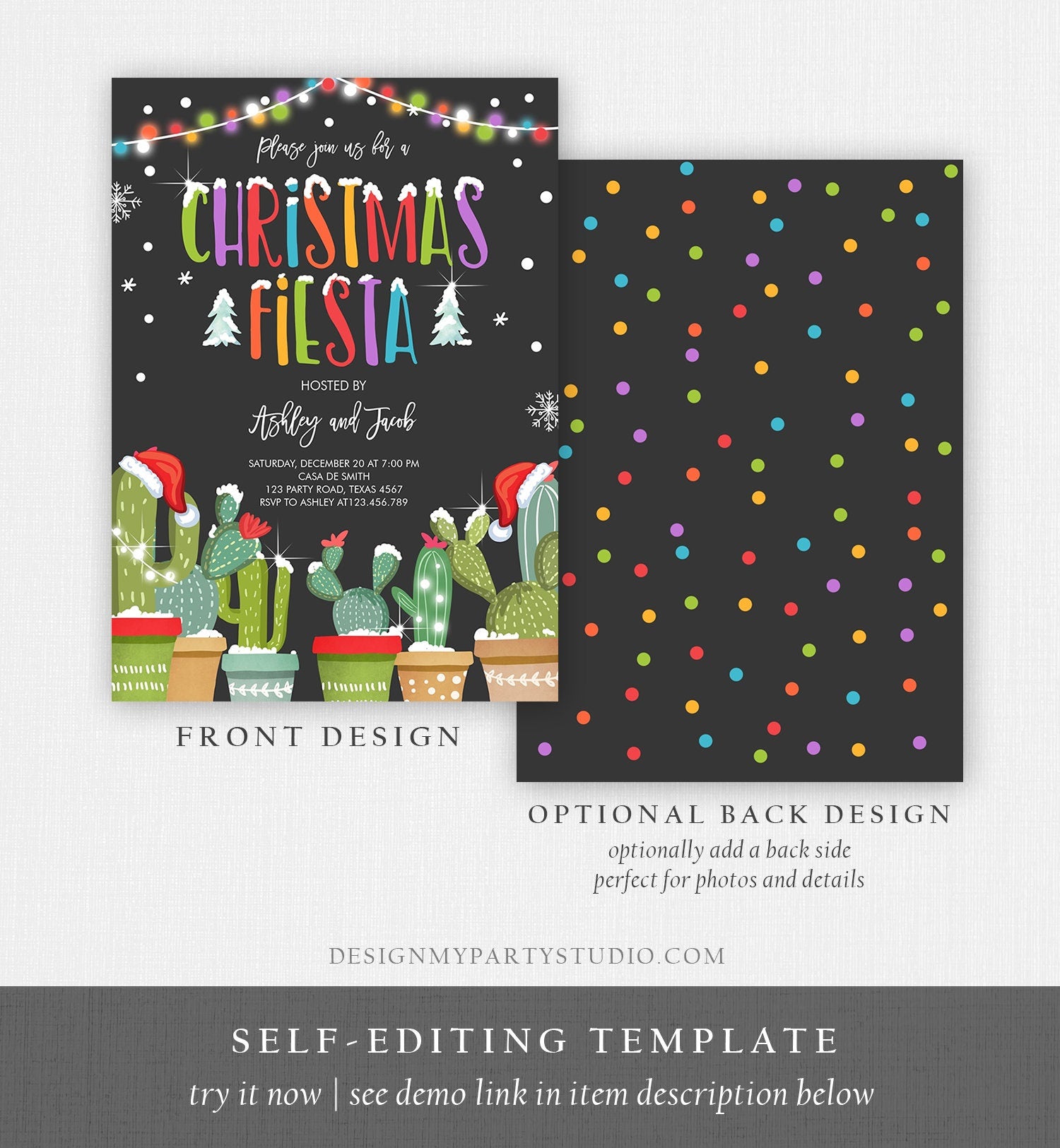 Editable Christmas Fiesta Invitation Cactus Mexican Holiday Fiesta Invite Christmas Party Mexican Download Corjl Template Printable 0273