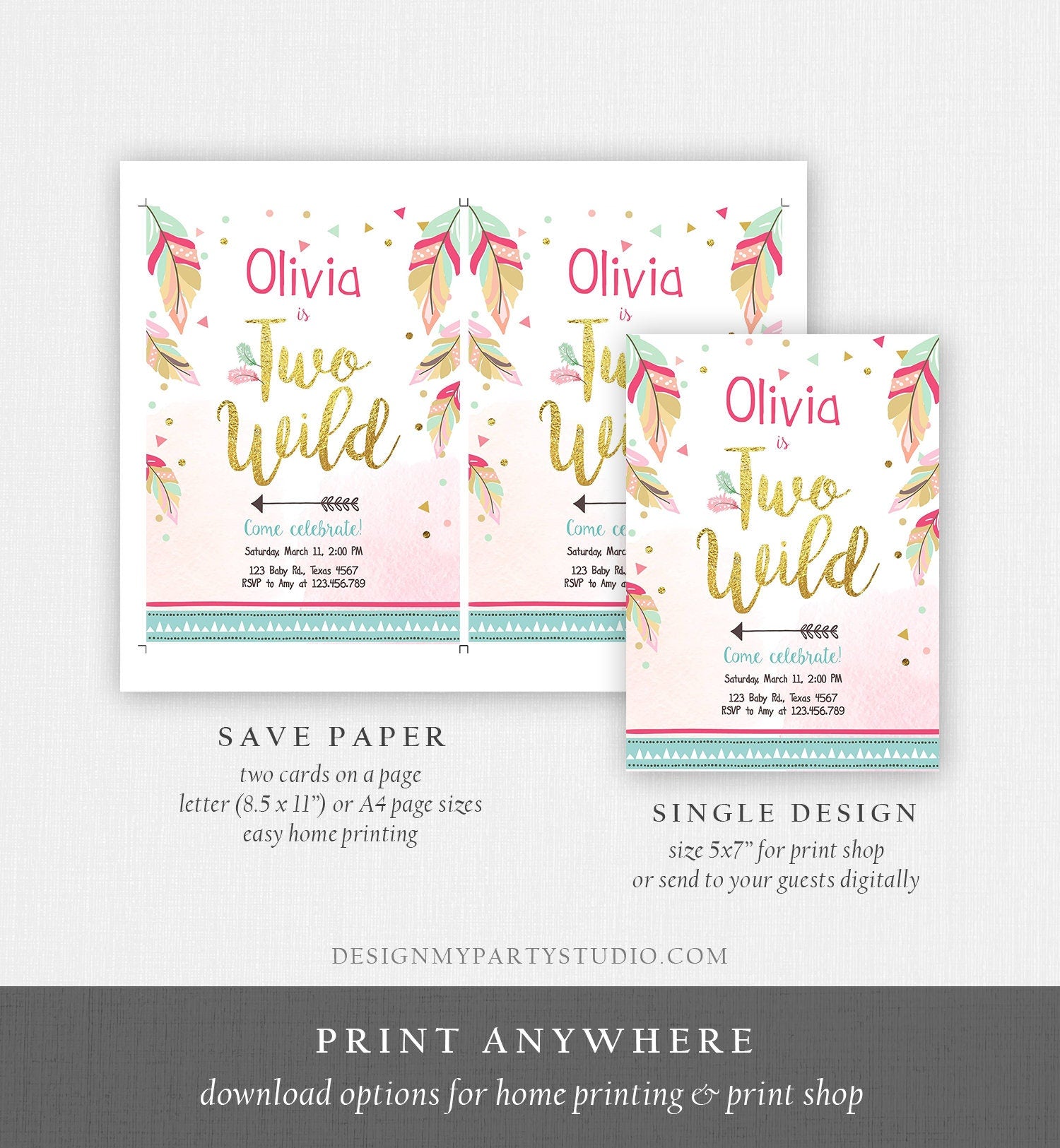 Editable Two Wild Birthday Invitation Girl 2nd Birthday Tribal Boho Feathers Pink Gold Mint Download Printable Template Digital Corjl 0038