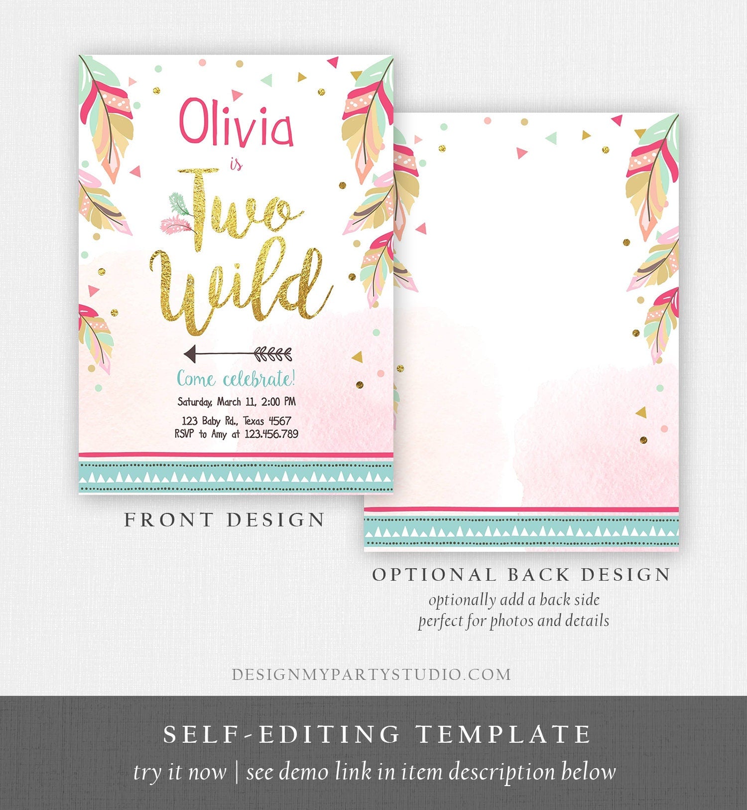 Editable Two Wild Birthday Invitation Girl 2nd Birthday Tribal Boho Feathers Pink Gold Mint Download Printable Template Digital Corjl 0038