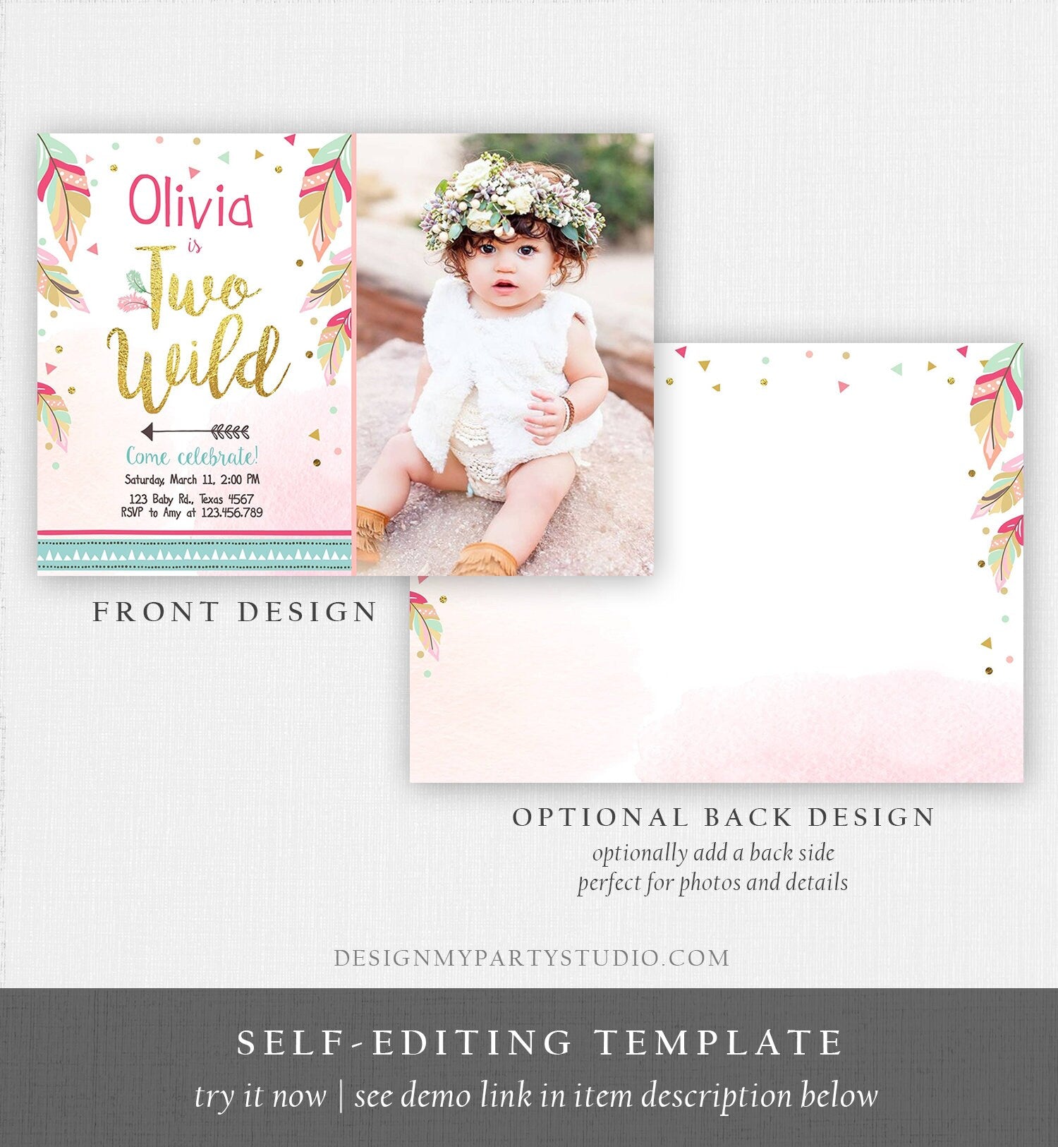 Editable Two Wild Birthday Invitation Girl 2nd Birthday Tribal Boho Feathers Pink Gold Mint Download Printable Template Digital Corjl 0038