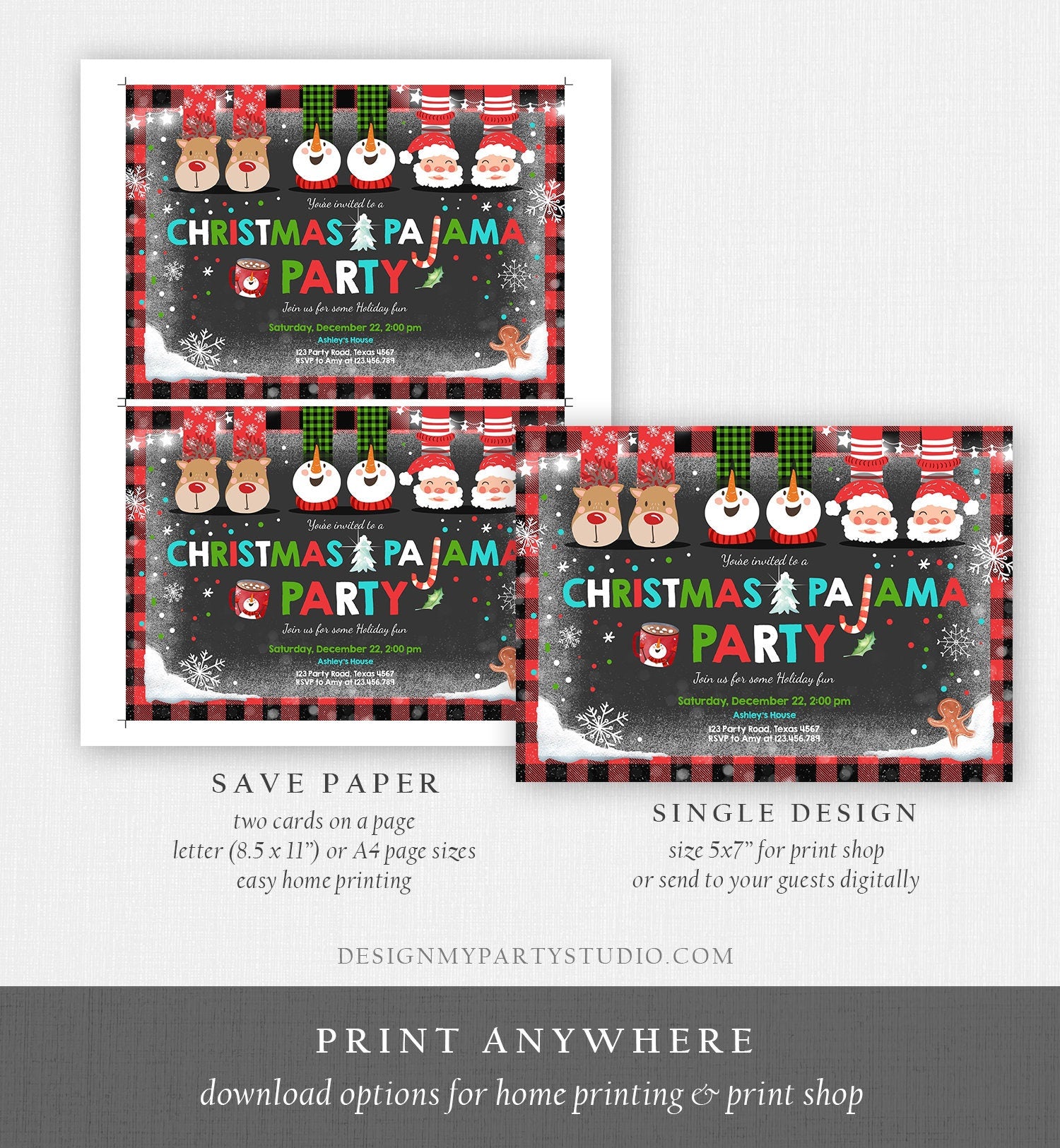 Editable Christmas Pajama Party Christmas Birthday Invitation Pancake Plaid Party Sleepover Download Printable Corjl Template Digital 0274