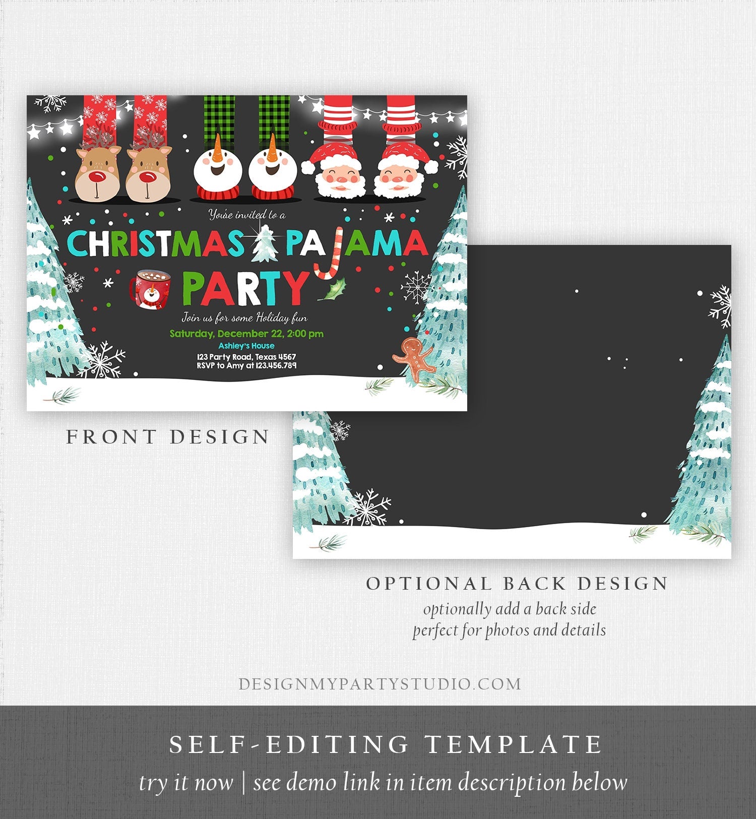 Editable Christmas Pajama Party Christmas Birthday Invitation Pancakes Xmas Party Sleepover Download Printable Corjl Template Digital 0274