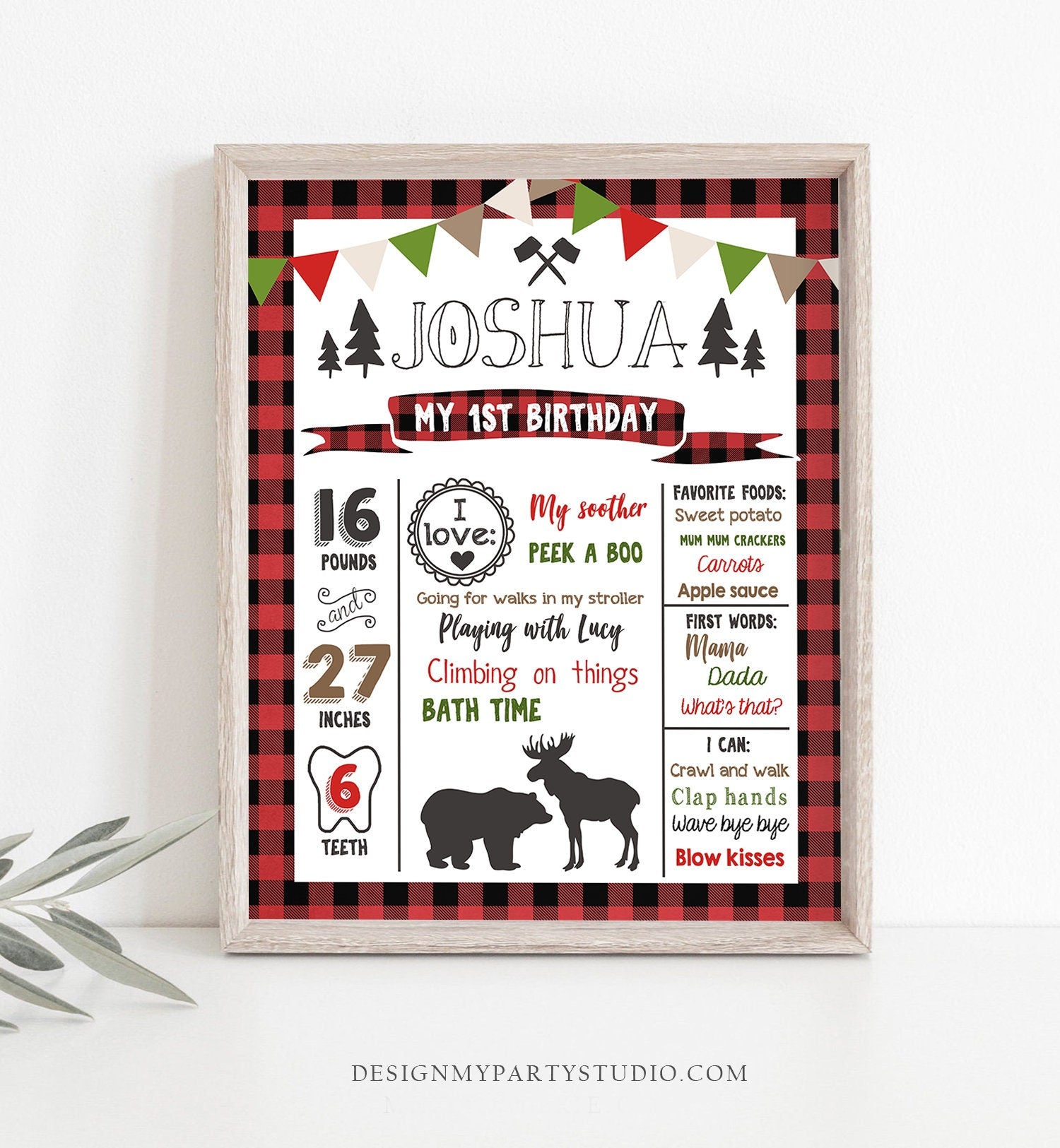 Editable Birthday Milestones Sign Lumberjack Birthday Chalkboard Buffalo Plaid 1st Birthday Bear Moose Template Printable Corjl 0026