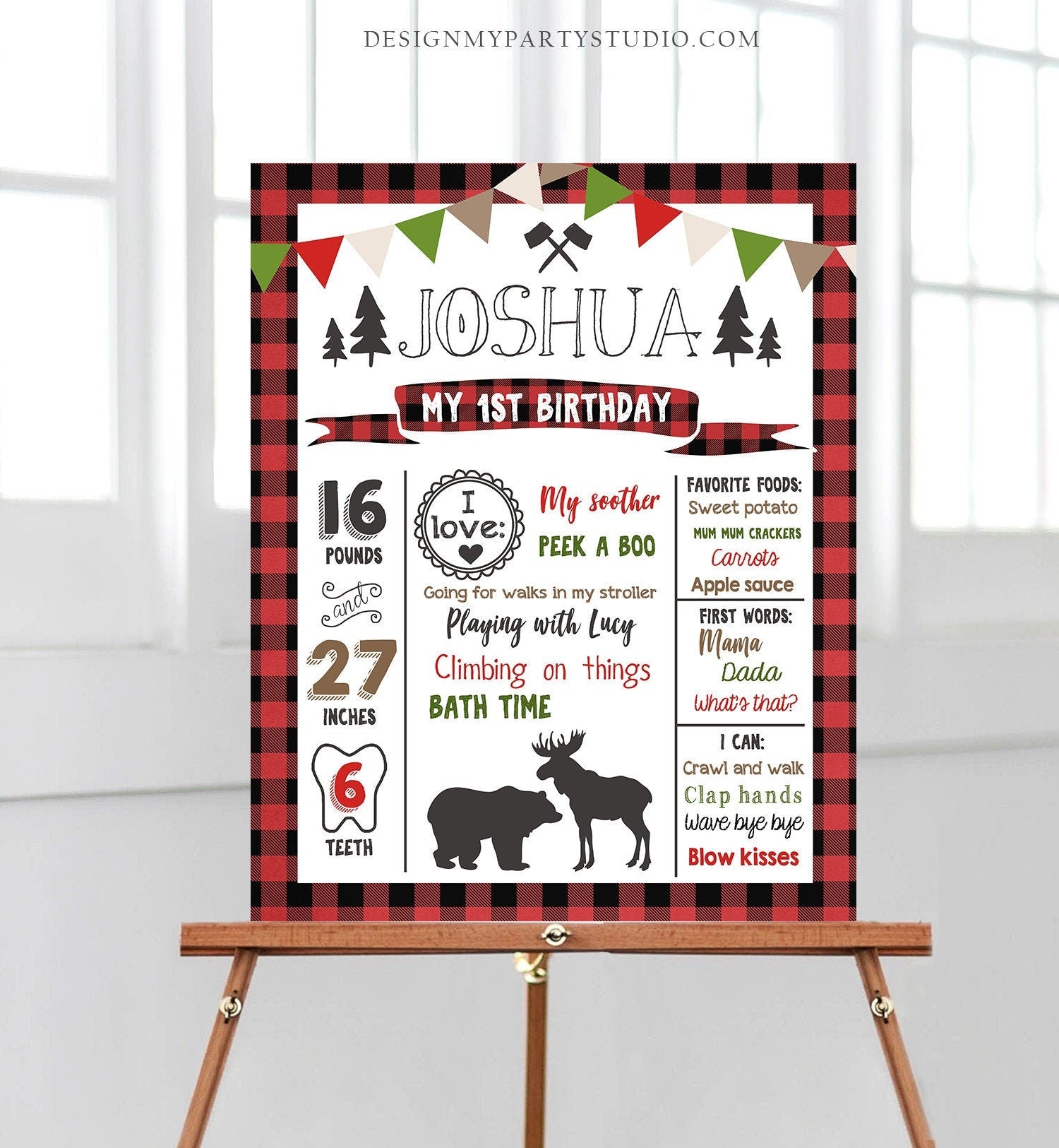 Editable Birthday Milestones Sign Lumberjack Birthday Chalkboard Buffalo Plaid 1st Birthday Bear Moose Template Printable Corjl 0026