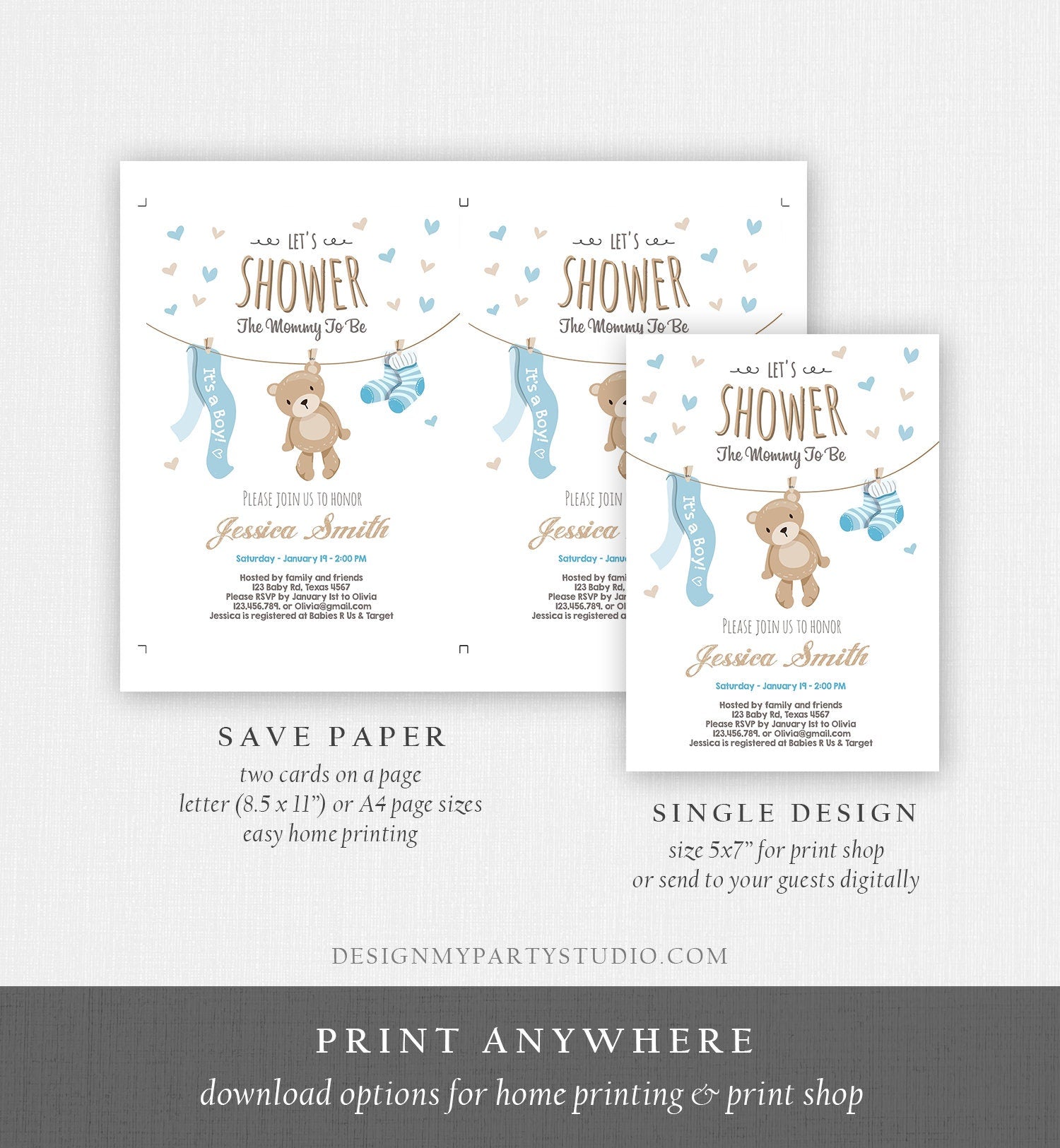 Editable Baby Shower Invitation Boy Teddy Bear Cute Baby Boy Blue Bear Little Cub Clothes Invite Template Instant Corjl Download 0025