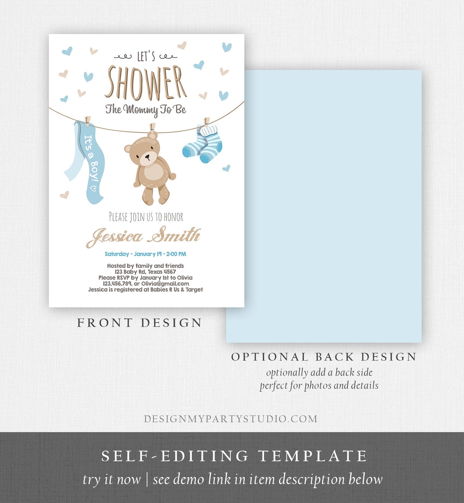 Editable Baby Shower Invitation Boy Teddy Bear Cute Baby Boy Blue Bear Little Cub Clothes Invite Template Instant Corjl Download 0025