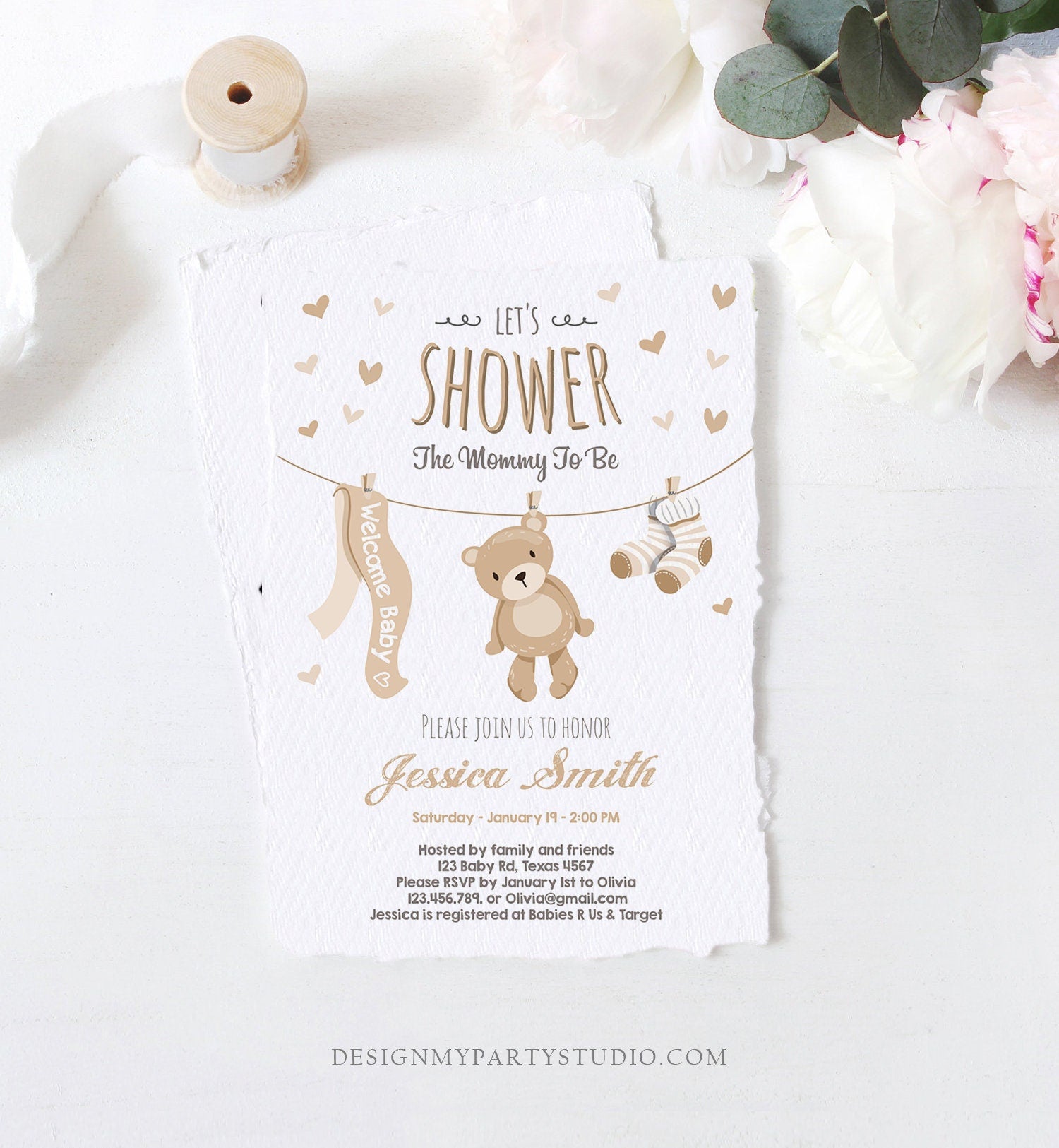 Editable Baby Shower Invitation Teddy Bear Cute baby Brown Unisex Bear Little Cub Clothes Invite Template Instant Download Corjl 0025