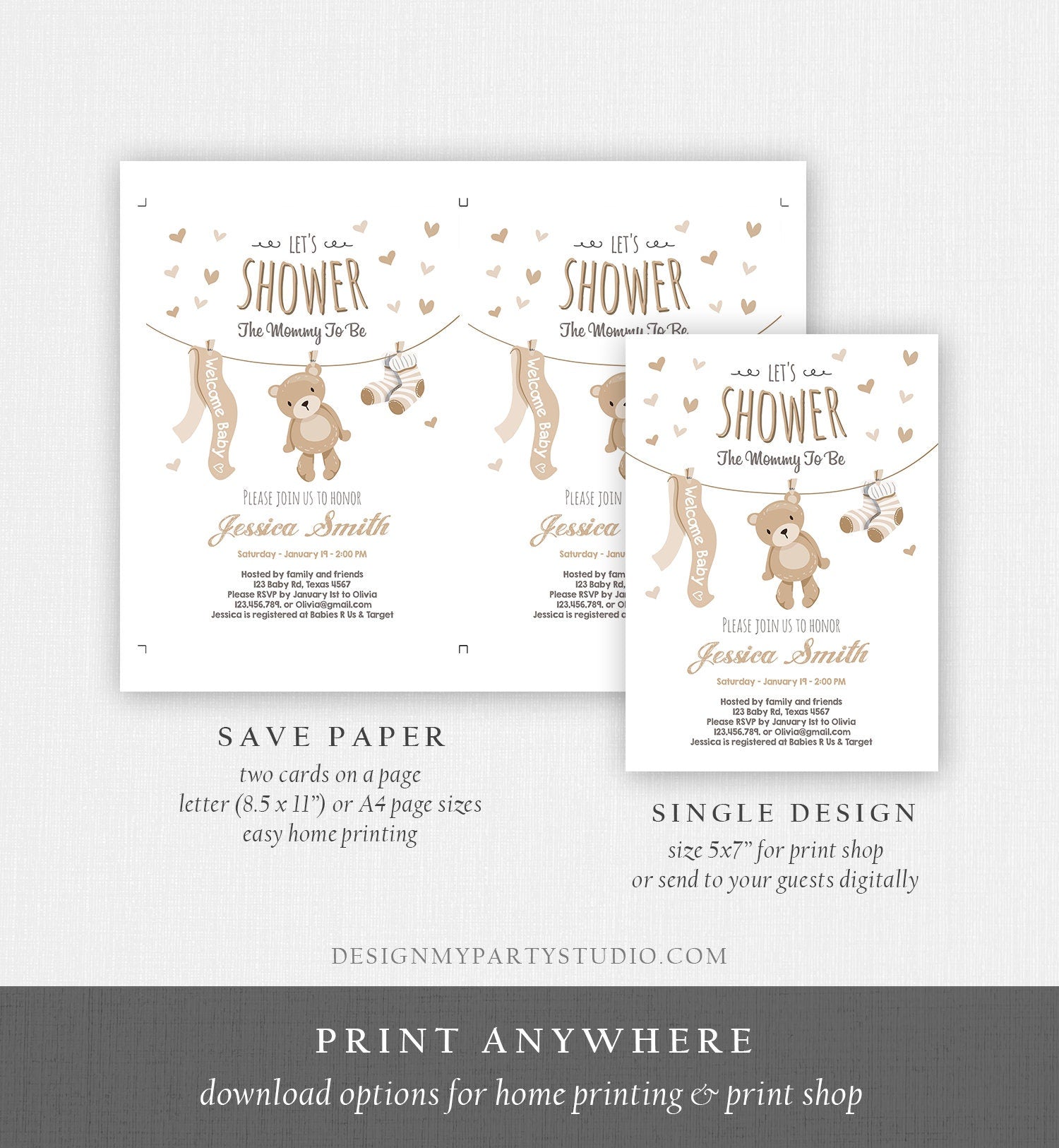 Editable Baby Shower Invitation Teddy Bear Cute baby Brown Unisex Bear Little Cub Clothes Invite Template Instant Download Corjl 0025