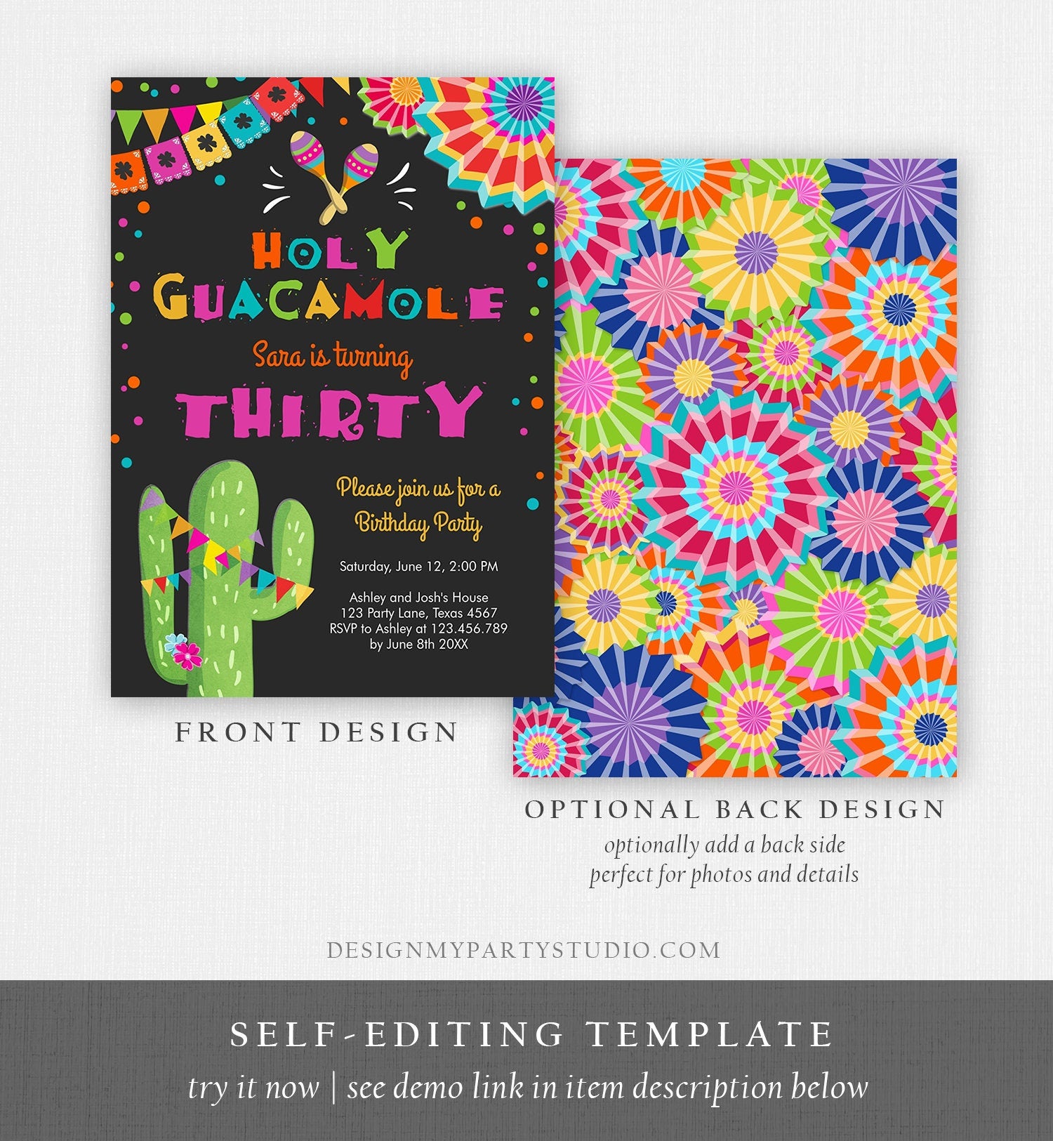 Editable ANY AGE Fiesta Birthday Invitation Holy Guacamole Adult Mexican Thirty Birthday Party Cactus 30th Corjl Template Printable 0045