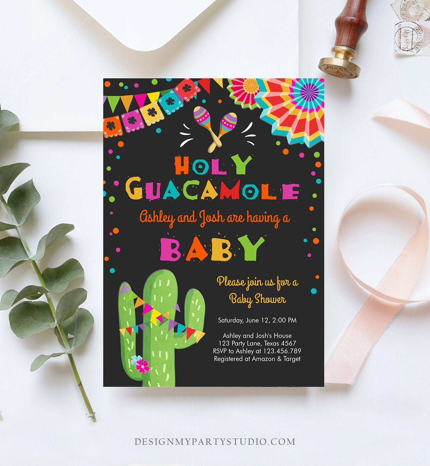 Editable Holy Guacamole Fiesta Baby Shower Invitation Cactus Mexican Succulent Little Señor Senorita on the Way Download Corjl Template 0045