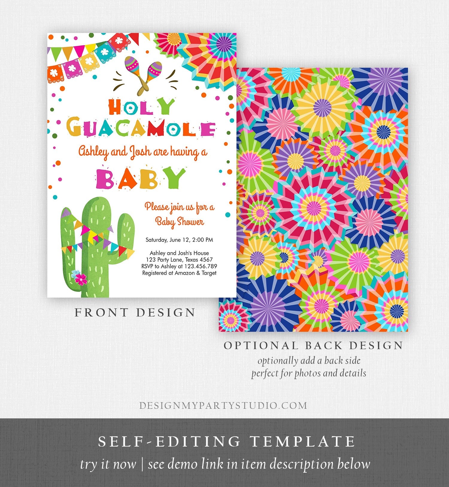 Editable Holy Guacamole Fiesta Baby Shower Invitation Cactus Succulent Little Señor Senorita on the Way Digital Template Printable 0045