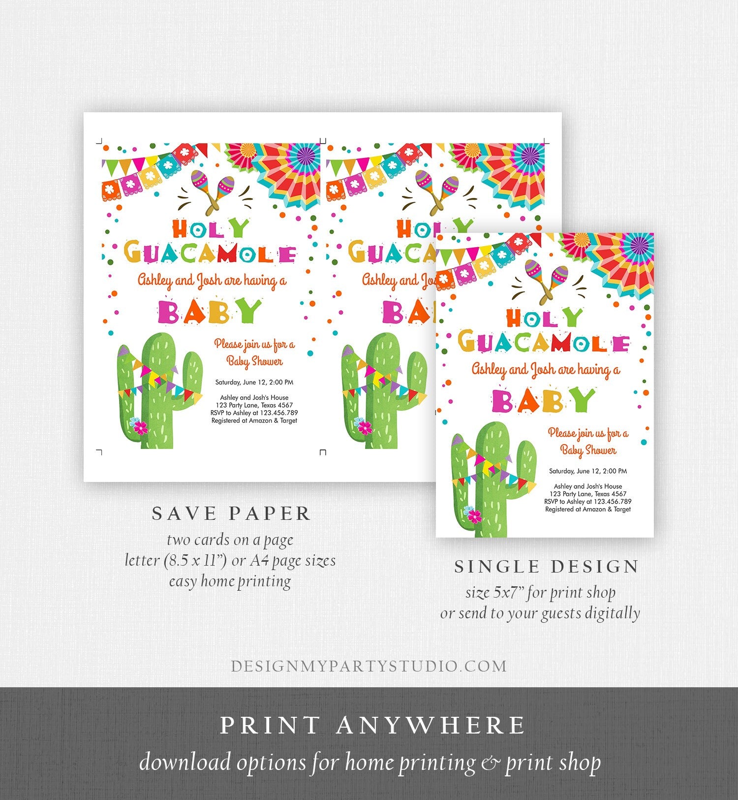 Editable Holy Guacamole Fiesta Baby Shower Invitation Cactus Succulent Little Señor Senorita on the Way Digital Template Printable 0045