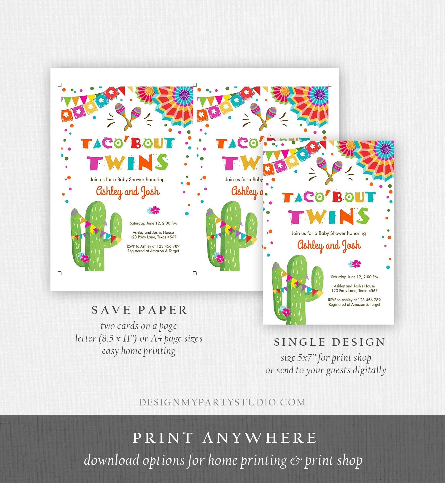 Editable Taco Bout Twins Baby Shower Invitation Cactus Chalk Mexican Fiesta Twin Couples Shower Download Template Corjl Printable 0045