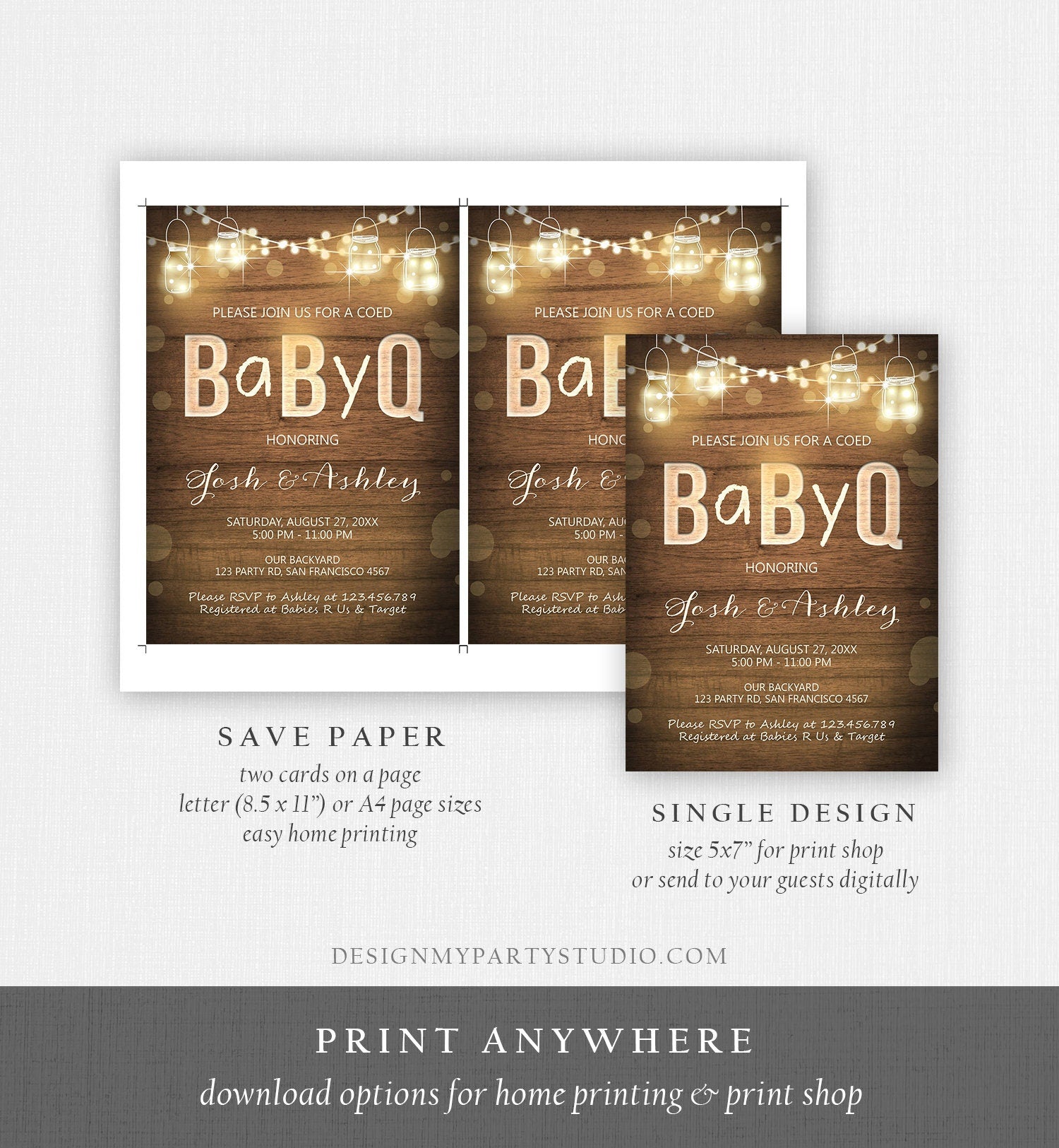 Editable Baby Q Invitation Coed BBQ Baby Shower Rustic Wood Lights Jars Gender Neutral Download Printable Template Digital Corjl 0015