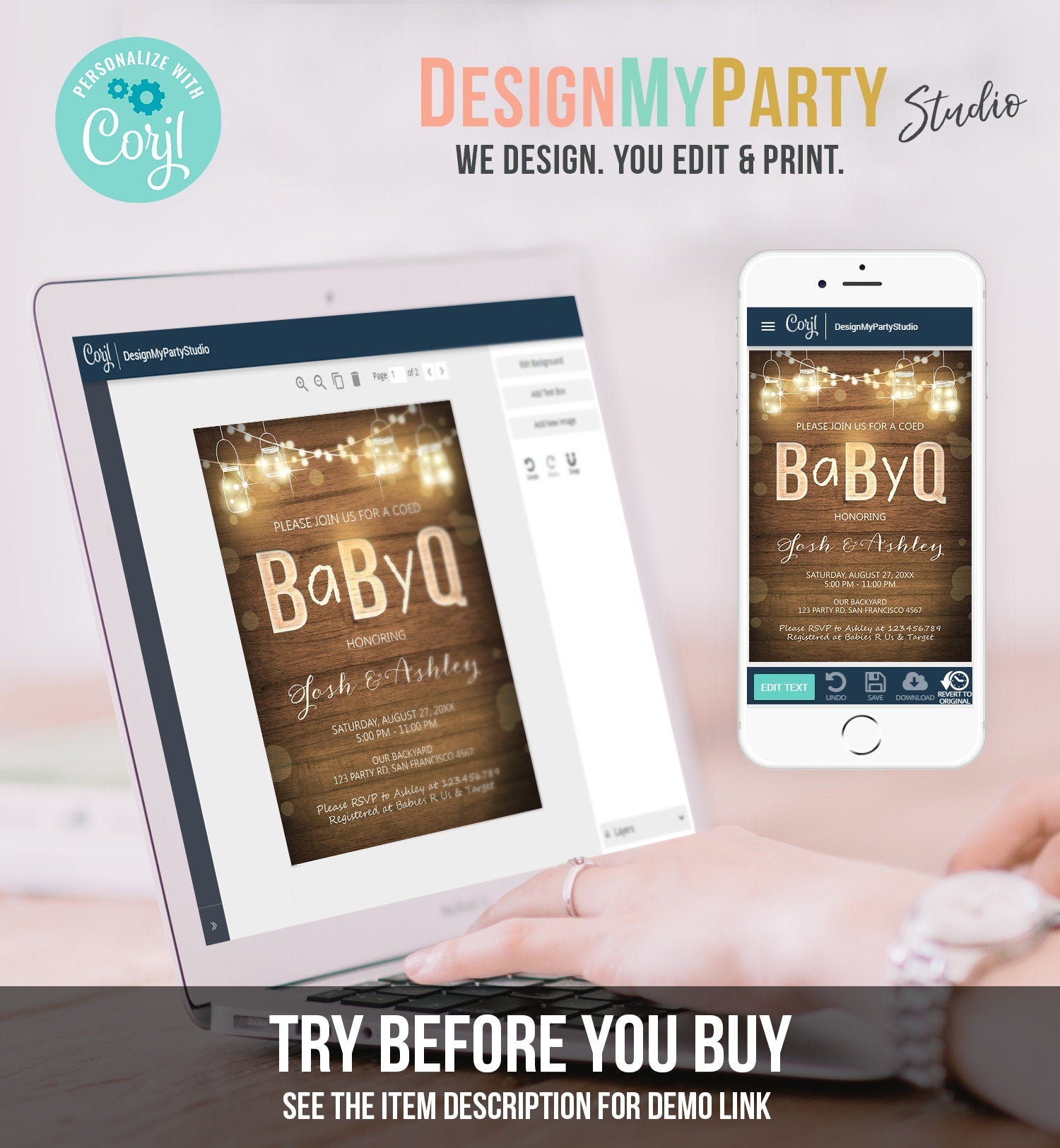 Editable Baby Q Invitation Coed BBQ Baby Shower Rustic Wood Lights Jars Gender Neutral Download Printable Template Digital Corjl 0015