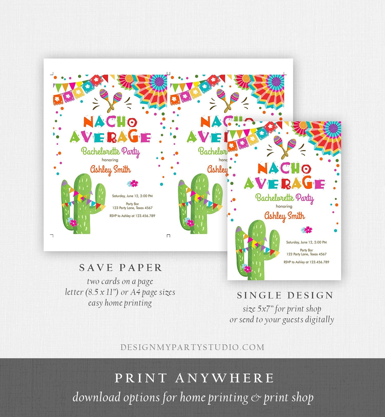 Editable Nacho Average Bachelorette Party Invitation Cactus Pink Let's Fiesta Mexican Bridal Shower Digital Download Corjl Template 0045