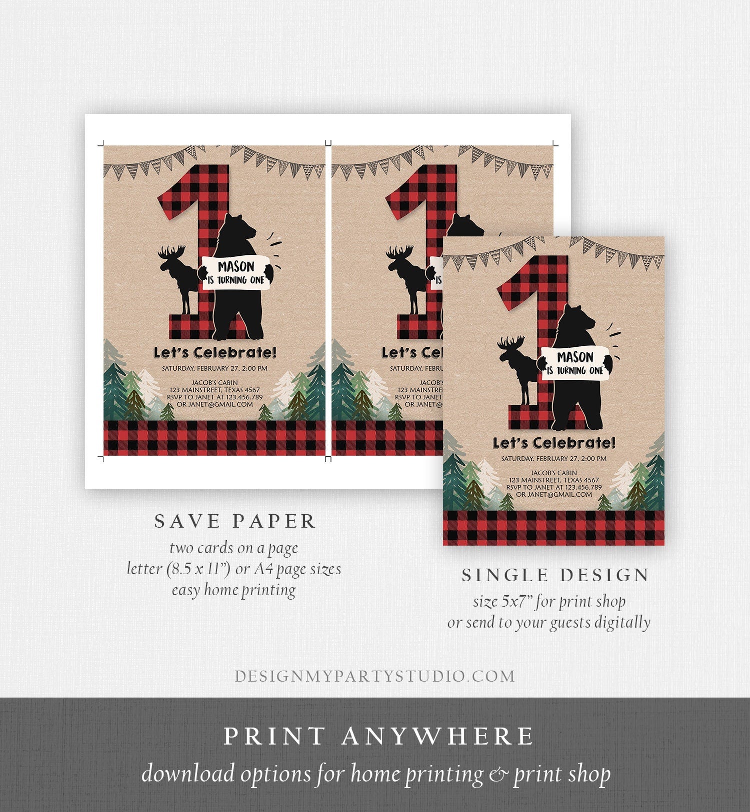 Editable Lumberjack Birthday Invitation Rustic Woodland Birthday Bear Cub Forest Red Plaid First Birthday Printable Template Digital 0026