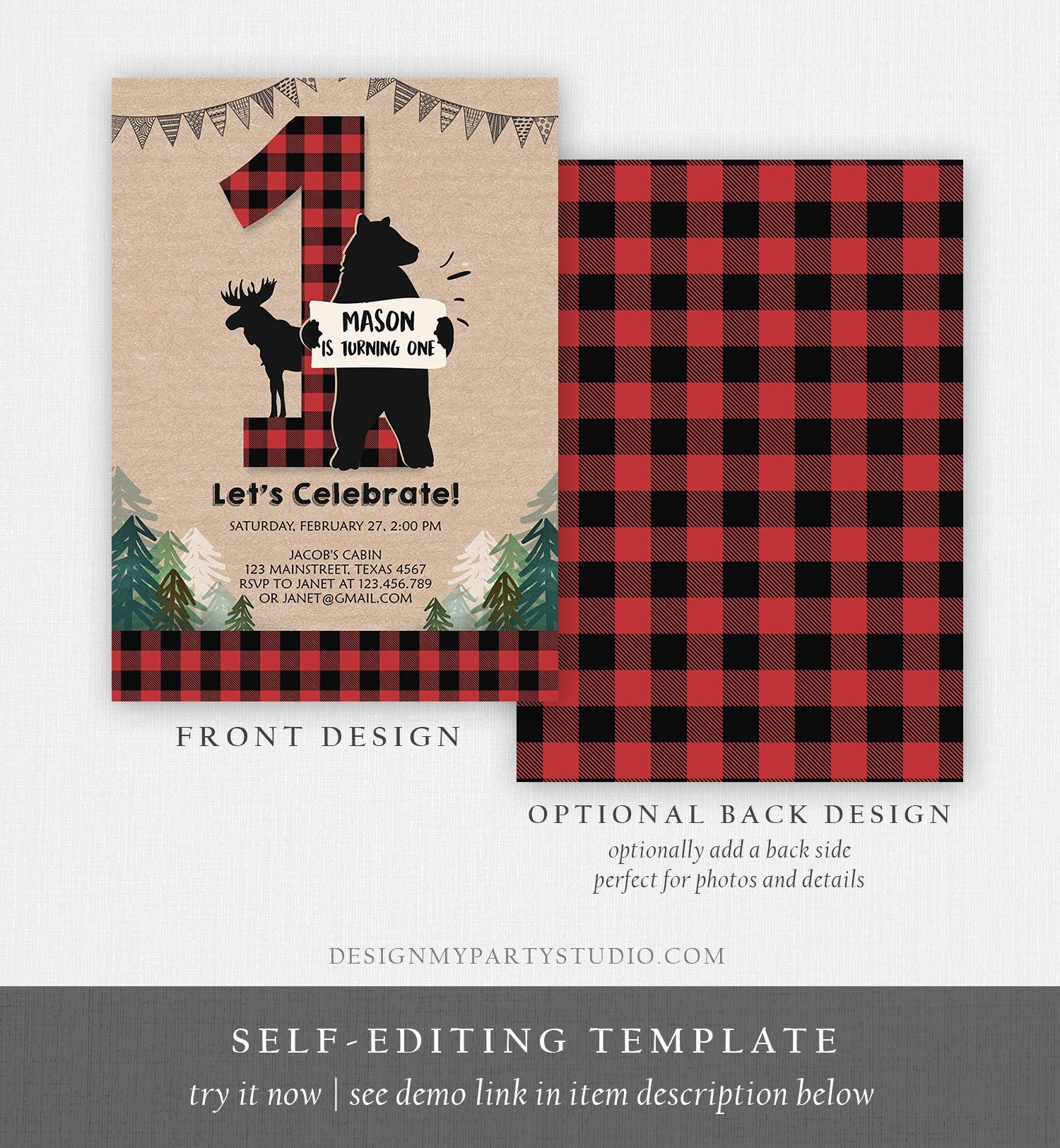 Editable Lumberjack Birthday Invitation Rustic Woodland Birthday Bear Cub Forest Red Plaid First Birthday Printable Template Digital 0026