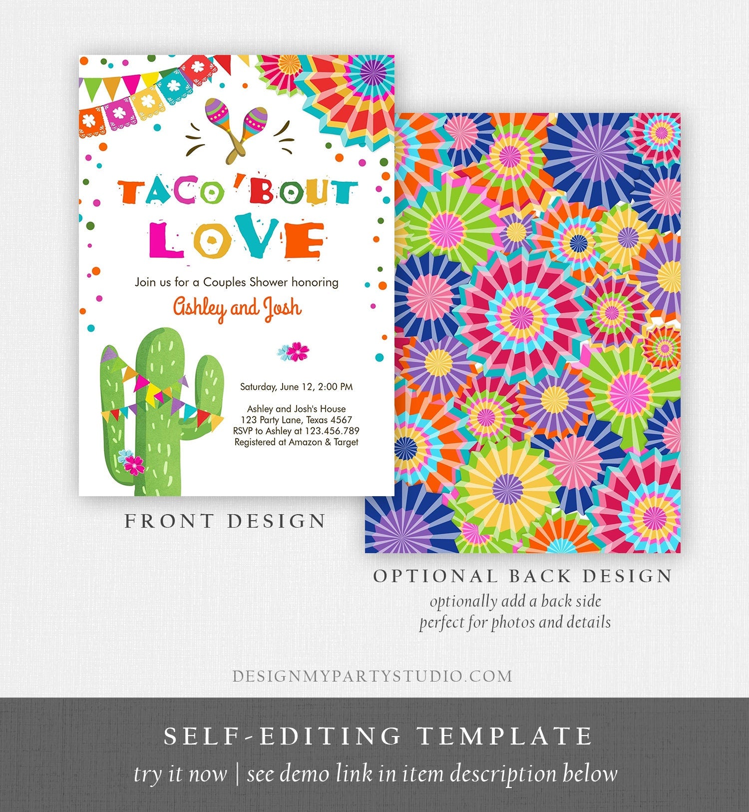 Editable Taco Bout Love Fiesta Couples Shower Invitation Couples Coed Joined Cactus Mexican Digital Download Evite Template Printable 0045