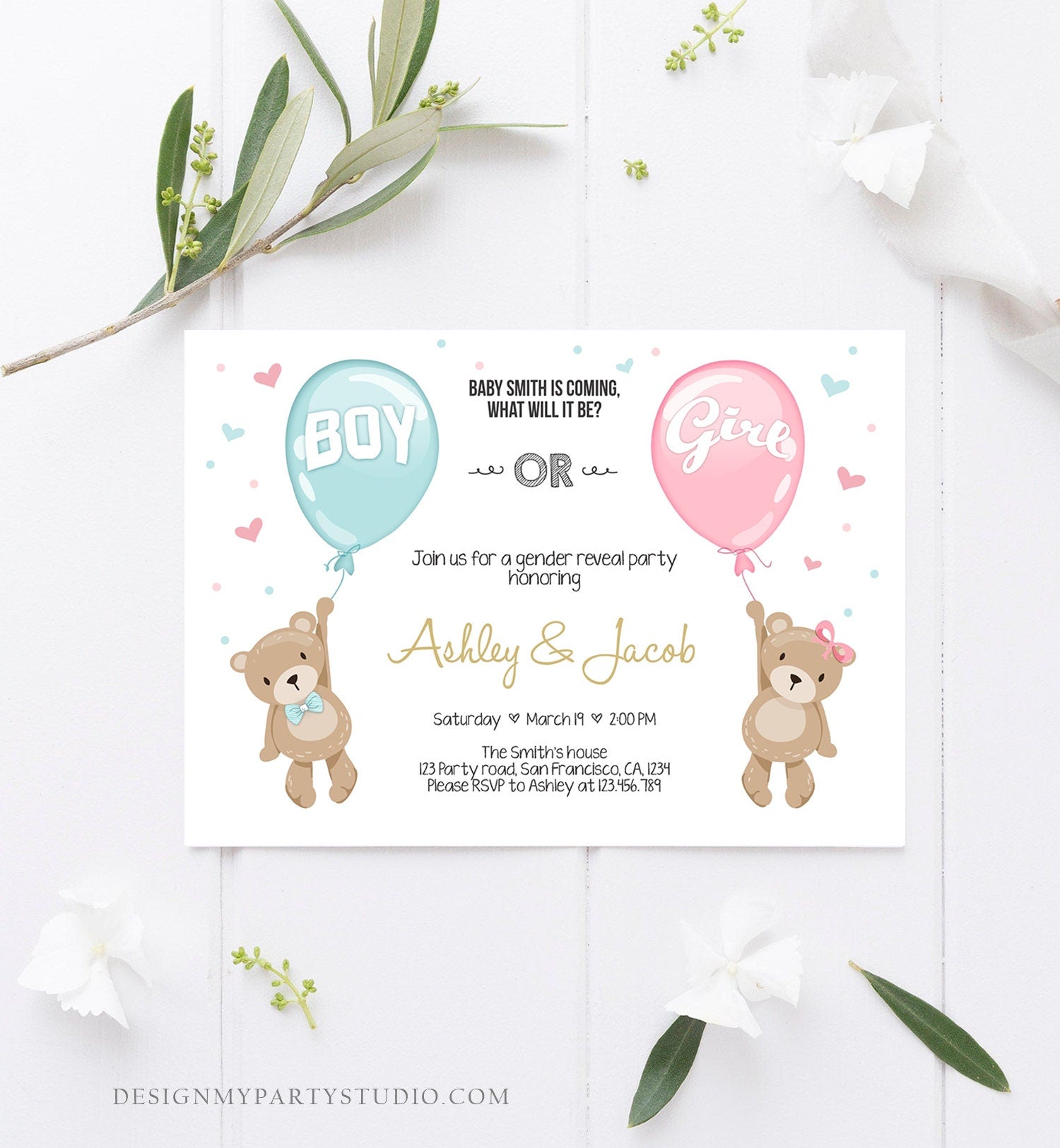 Editable Gender Reveal Invitation Teddy Bear Boy or Girl Blue or Pink He or She Bear Woodland Download Printable Template Corjl 0025