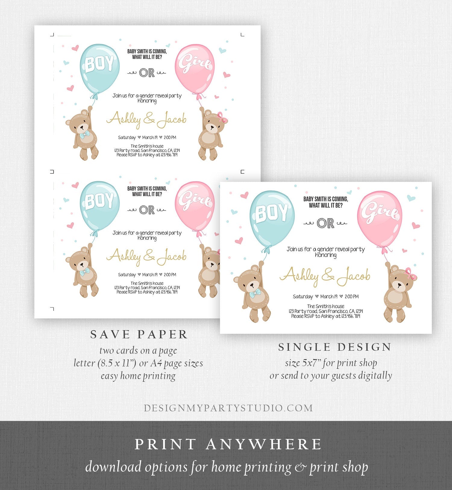 Editable Gender Reveal Invitation Teddy Bear Boy or Girl Blue or Pink He or She Bear Woodland Download Printable Template Corjl 0025